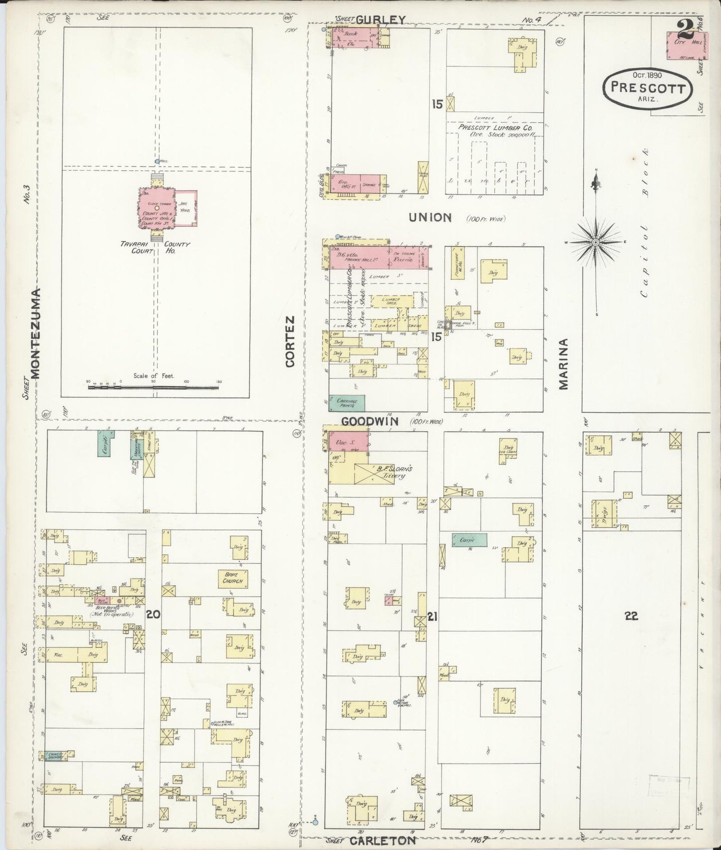 Sanborn Fire Insurance Map from Prescott, Yavapai County, Arizona (1890), Sheet #0002 - Historic Sanborn Fire Insurance Map Print, vintage old map wall art, antique decor, genealogy gift, Arizona Arizona map