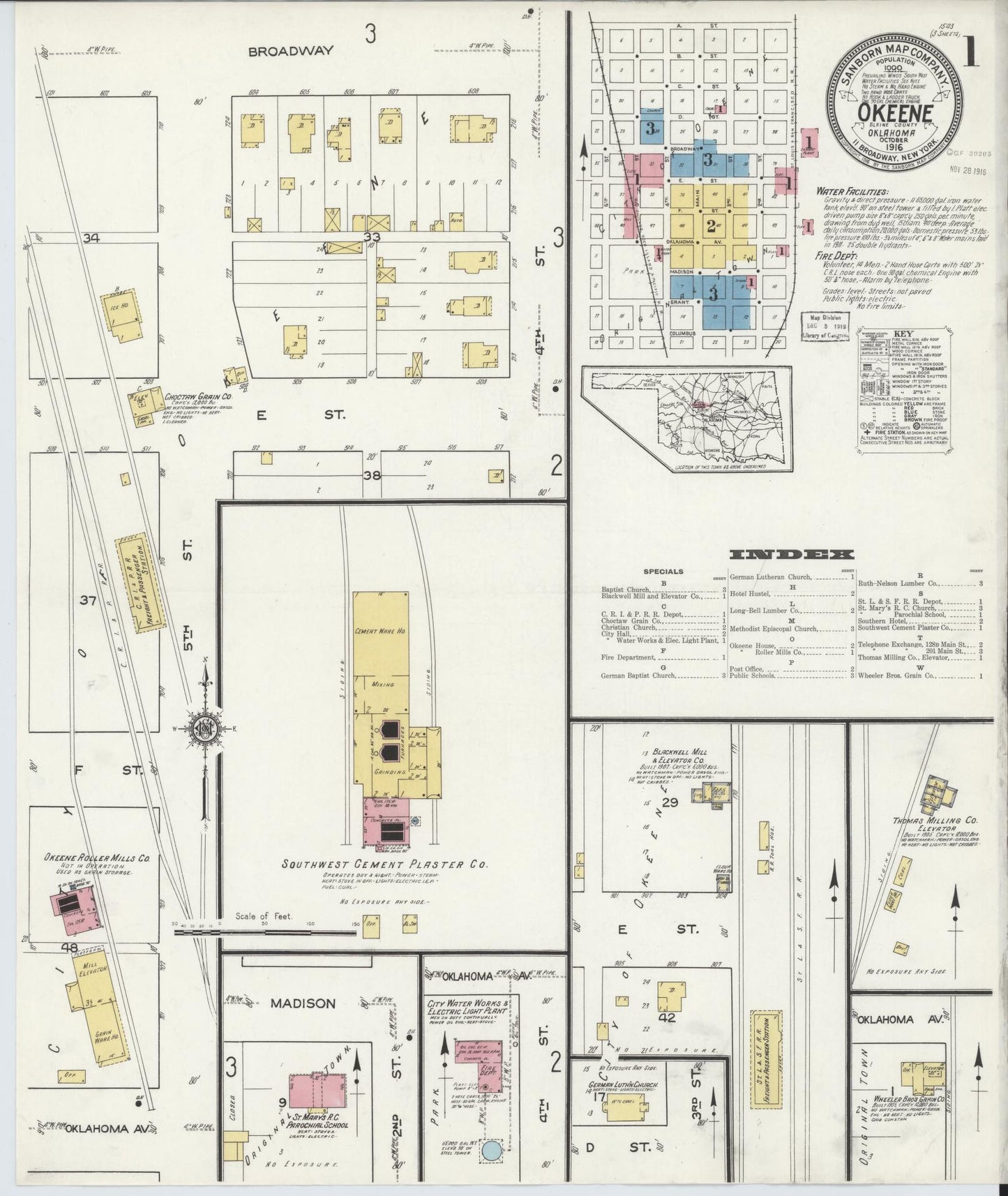 Sanborn Fire Insurance Map from Okeene, Blaine County, Oklahoma (1916), Sheet #0001 - Historic Sanborn Fire Insurance Map Print, vintage old map wall art, antique decor, genealogy gift, Oklahoma Oklahoma map