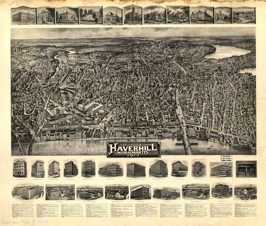Aero view of Haverhill, Massachusetts 1914. (1914) – Historic Bird’s-Eye View Panorama Print