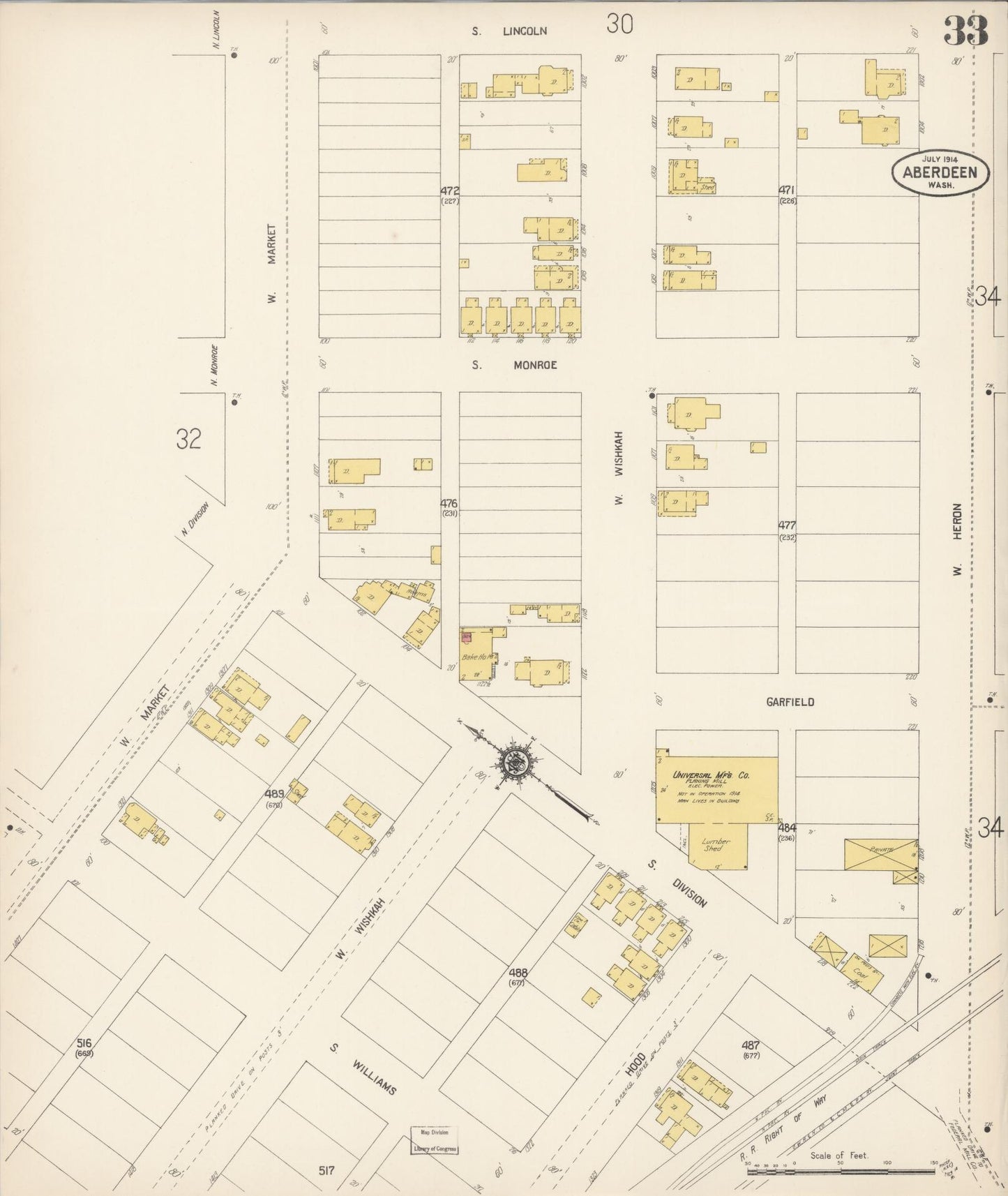 Sanborn Fire Insurance Map from Aberdeen, Grays Harbor County, Washington (1914), Sheet #0033 - Historic Sanborn Fire Insurance Map Print, vintage old map wall art, antique decor, genealogy gift, Washington Washington map
