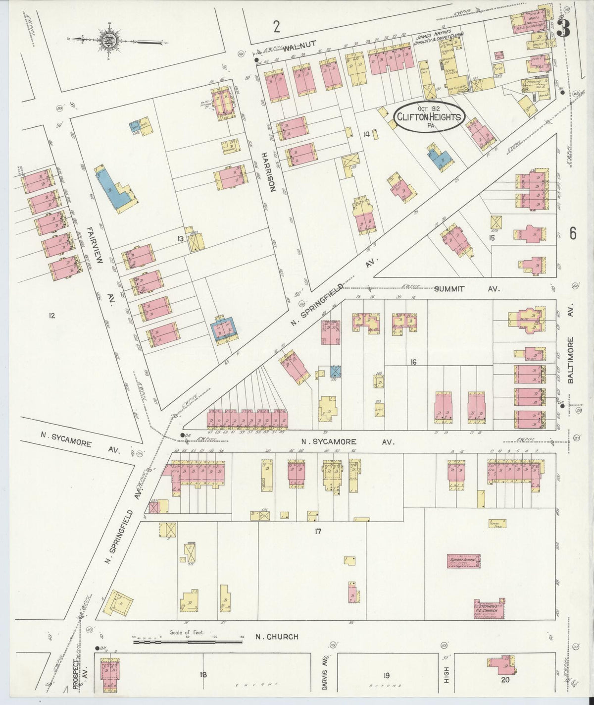 Sanborn Fire Insurance Map from Clifton Heights, Delaware County, Pennsylvania (1912), Sheet #0003 - Historic Sanborn Fire Insurance Map Print, vintage old map wall art, antique decor, genealogy gift, Clifton Heights Delaware map