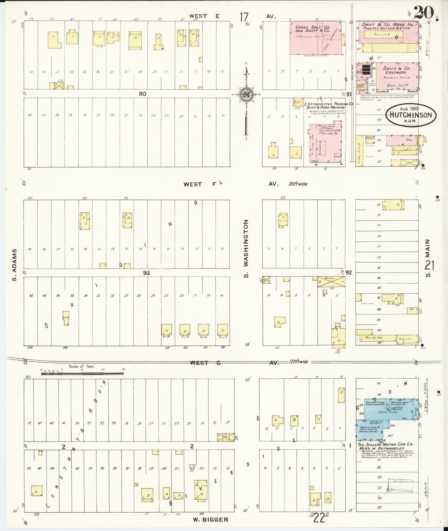 Sanborn Fire Insurance Map from Hutchinson, Reno County, Kansas (1909), Sheet #0020 - Historic Sanborn Fire Insurance Map Print, vintage old map wall art, antique decor, genealogy gift, Kansas Kansas map