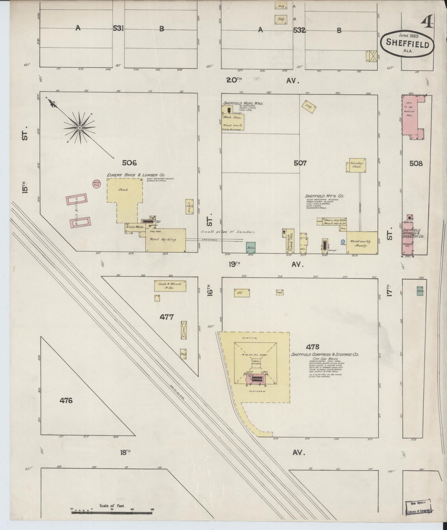 Sanborn Fire Insurance Map from Sheffield, Colbert County, Alabama (1889), Sheet #0004 - Historic Sanborn Fire Insurance Map Print, vintage old map wall art, antique decor, genealogy gift, Alabama Alabama map