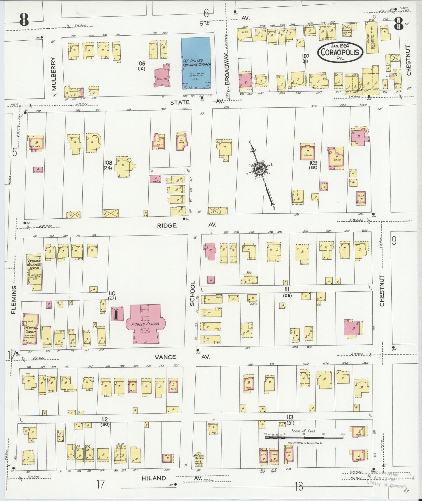 Sanborn Fire Insurance Map from Coraopolis, Allegheny County, Pennsylvania (1924), Sheet #0008 - Historic Sanborn Fire Insurance Map Print, vintage old map wall art, antique decor, genealogy gift, Pennsylvania Pennsylvania map