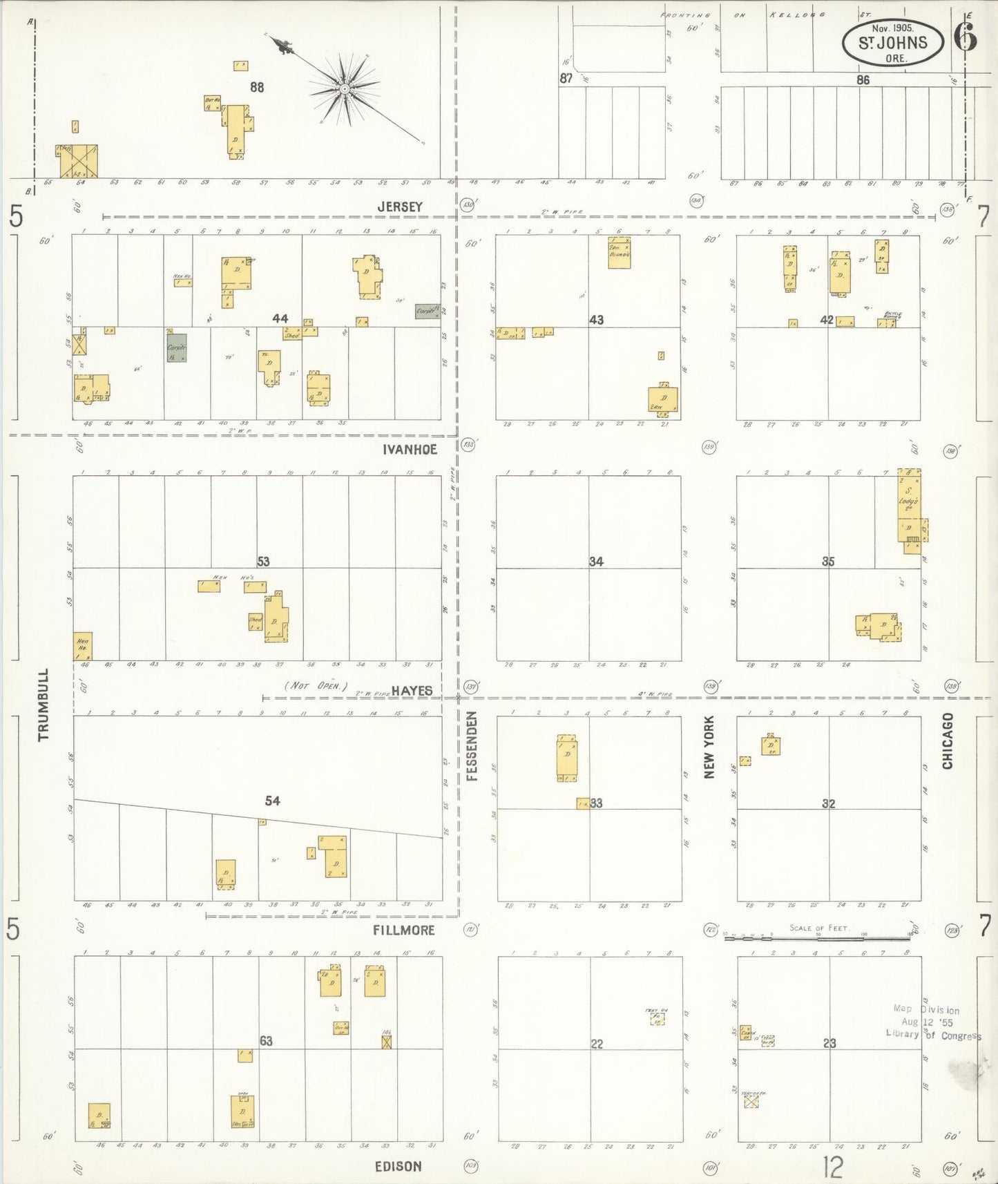 Sanborn Fire Insurance Map from Saint Johns, Multnomah County, Oregon (1905), Sheet #0006 - Historic Sanborn Fire Insurance Map Print, vintage old map wall art, antique decor, genealogy gift, Oregon Oregon map