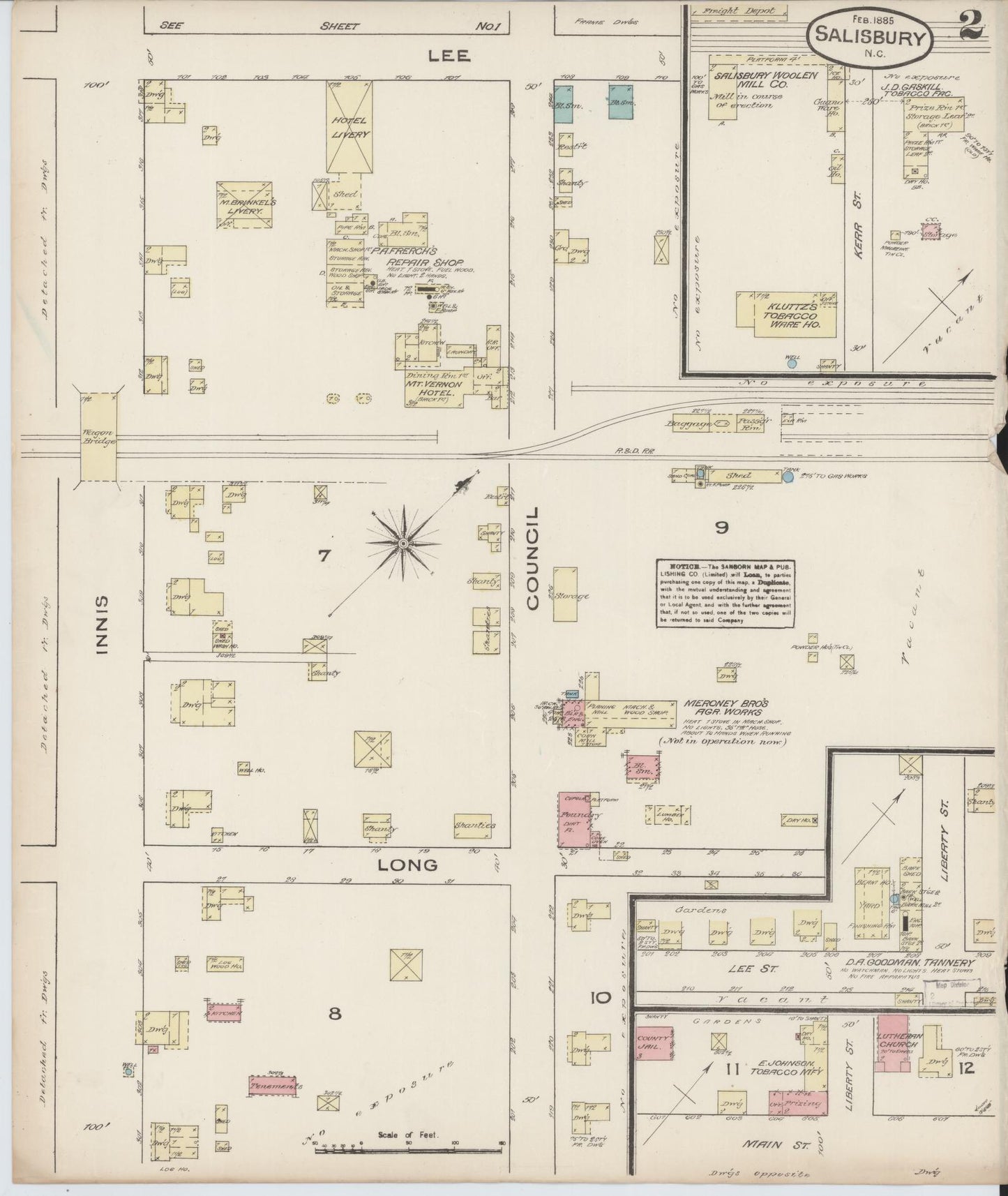 Sanborn Fire Insurance Map from Salisbury, Rowan County, North Carolina (1885), Sheet #0002 - Historic Sanborn Fire Insurance Map Print, vintage old map wall art, antique decor, genealogy gift, North Carolina North Carolina map