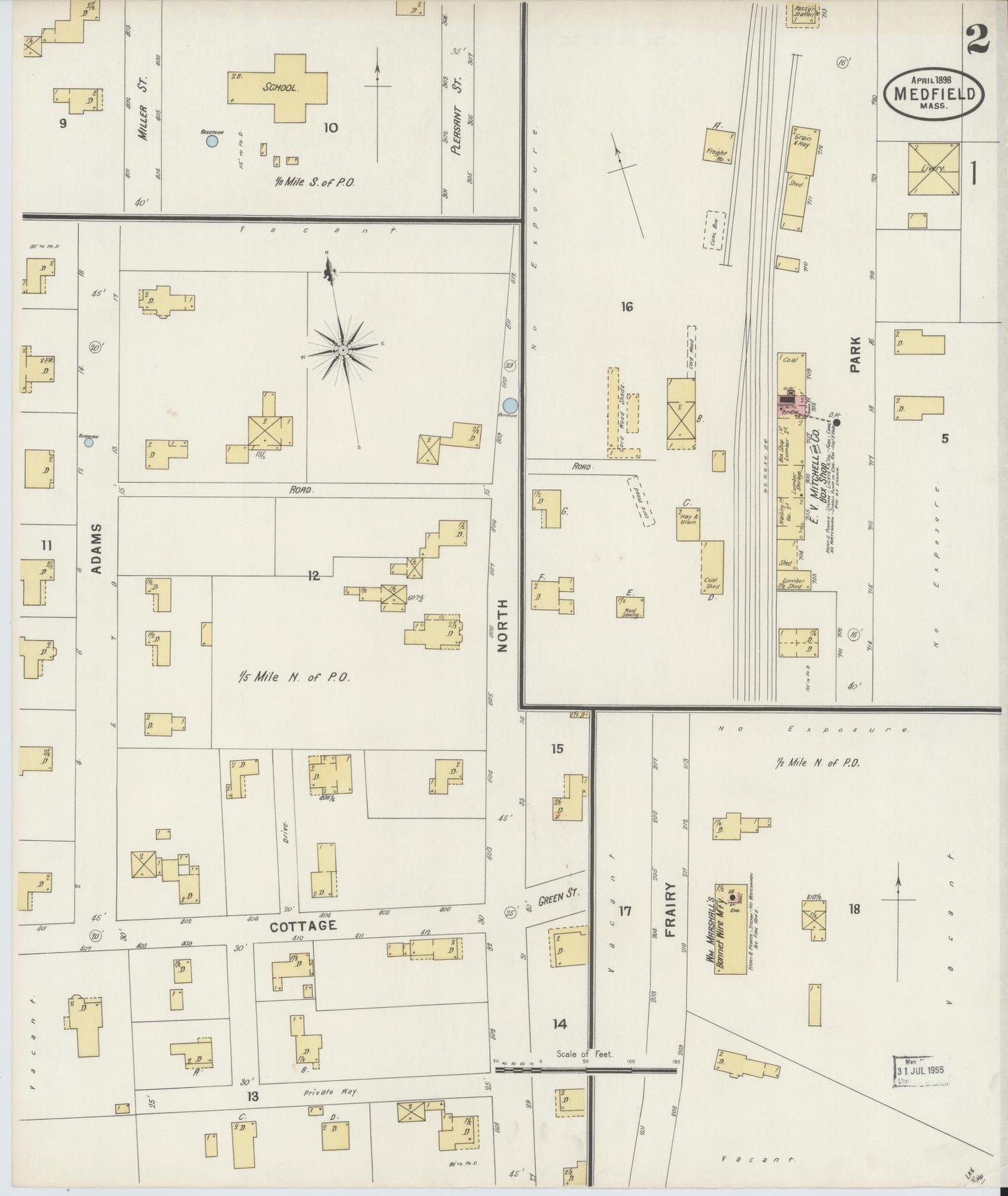Sanborn Fire Insurance Map from Medfield, Norfolk County, Massachusetts (1898), Sheet #0002 - Historic Sanborn Fire Insurance Map Print, vintage old map wall art, antique decor, genealogy gift, Massachusetts Massachusetts map