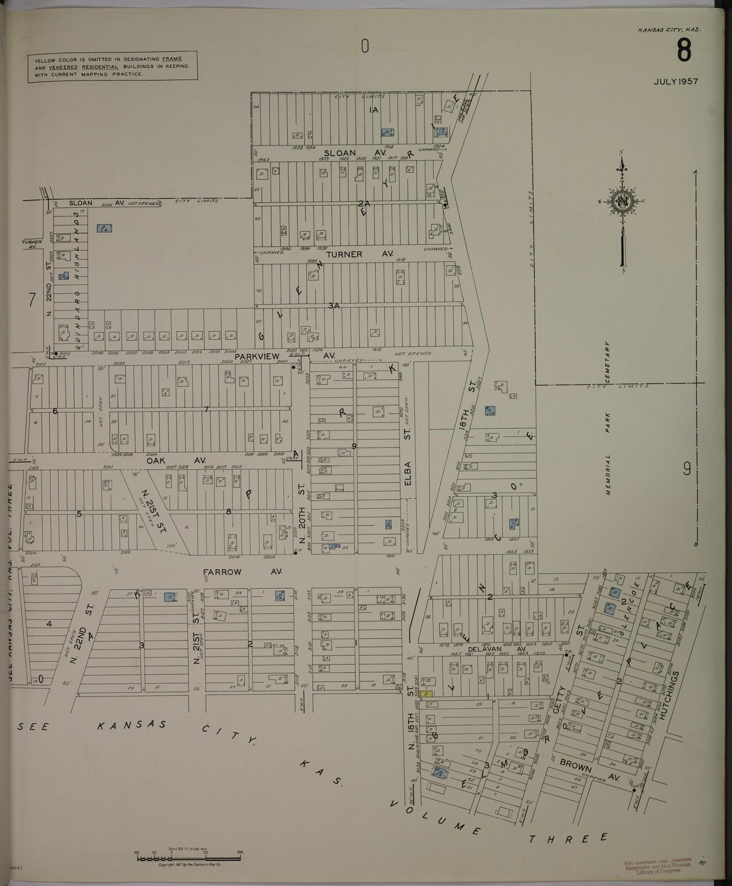 Sanborn Fire Insurance Map from Kansas City, Wyandotte County, Kansas (1957), Sheet #0008 - Historic Sanborn Fire Insurance Map Print, vintage old map wall art, antique decor, genealogy gift, Kansas Kansas map