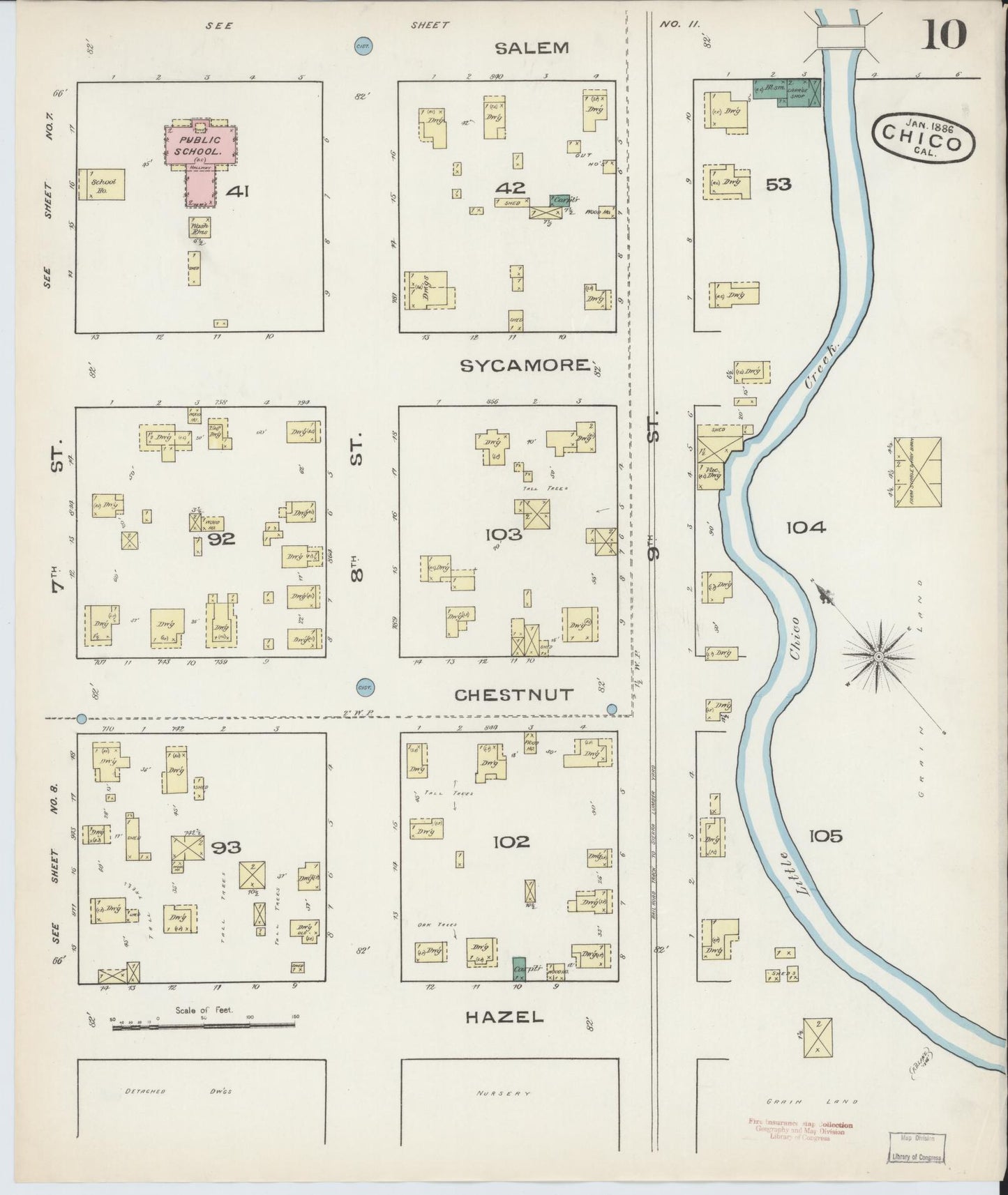 Sanborn Fire Insurance Map from Chico, Butte County, California (1886), Sheet #0010 - Historic Sanborn Fire Insurance Map Print, vintage old map wall art, antique decor, genealogy gift, California California map