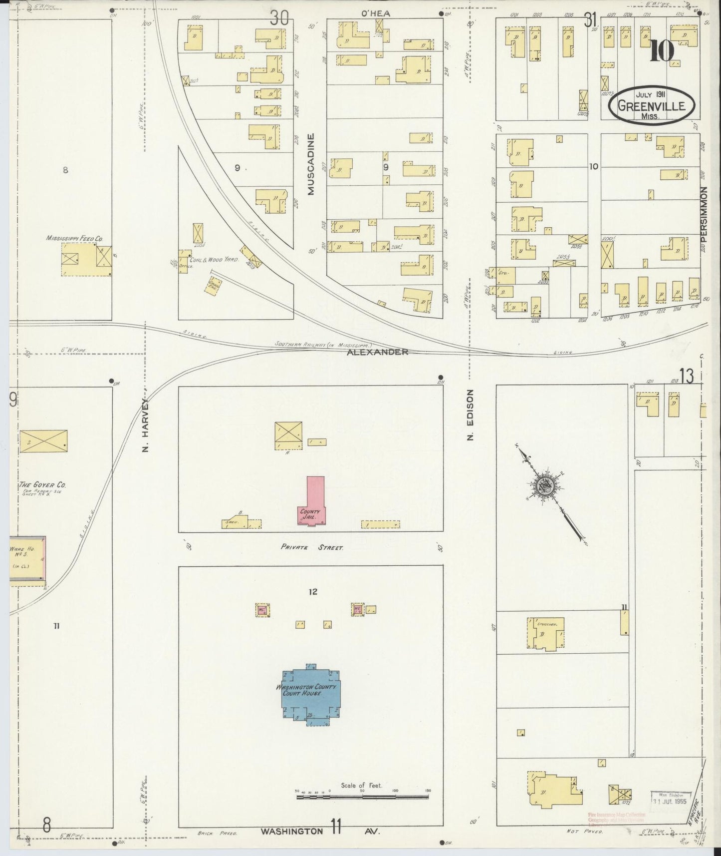 Sanborn Fire Insurance Map from Greenville, Washington County, Mississippi (1911), Sheet #0010 - Historic Sanborn Fire Insurance Map Print, vintage old map wall art, antique decor, genealogy gift, Mississippi Mississippi map