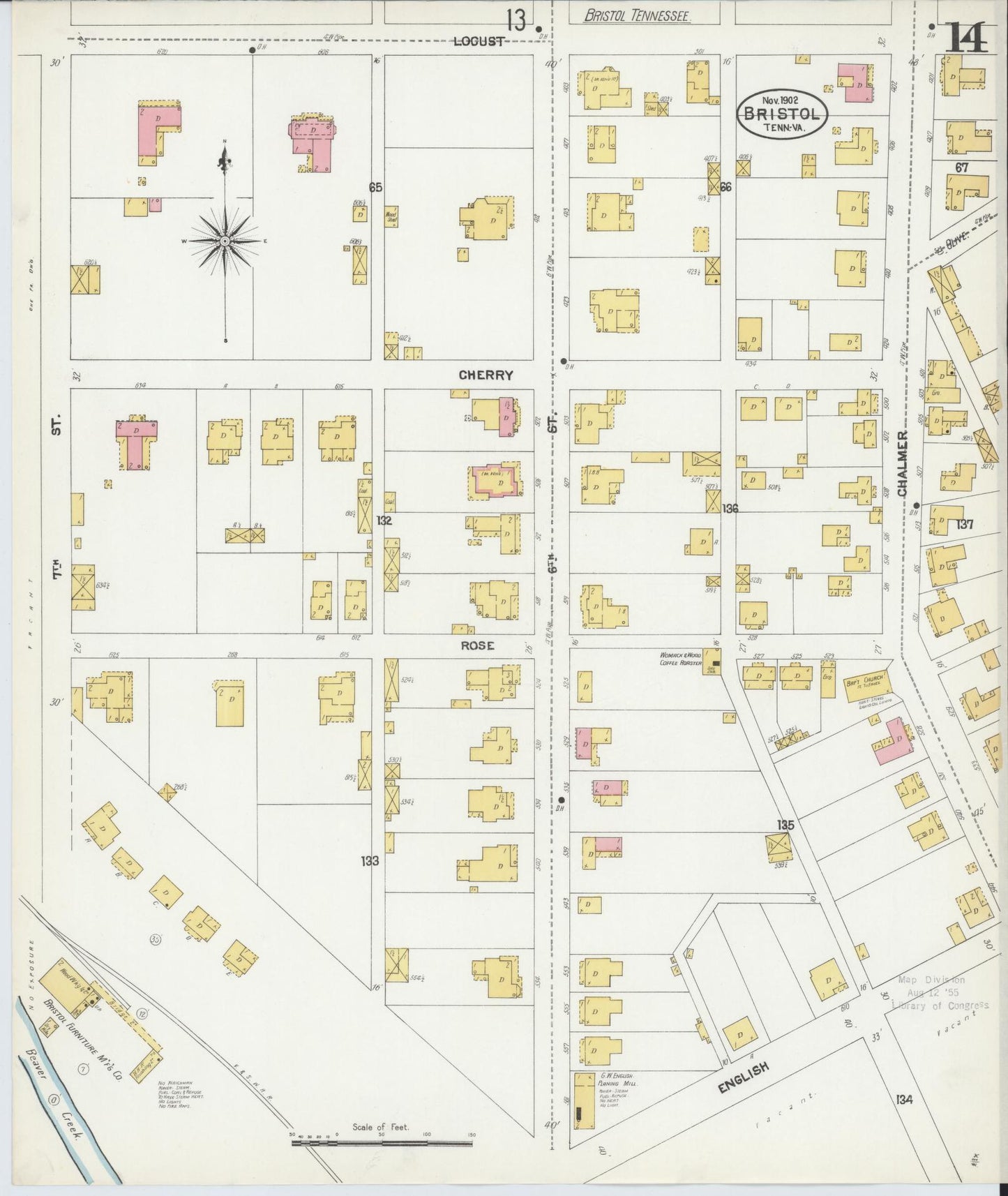 Sanborn Fire Insurance Map from Bristol, Sullivan County, Tennessee (1902), Sheet #0014 - Historic Sanborn Fire Insurance Map Print, vintage old map wall art, antique decor, genealogy gift, Tennessee Tennessee map