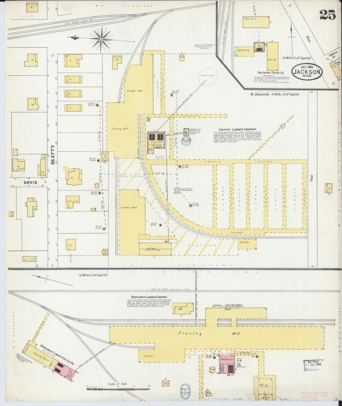 Sanborn Fire Insurance Map from Jackson, Hinds County, Mississippi (1904), Sheet #0025 - Historic Sanborn Fire Insurance Map Print, vintage old map wall art, antique decor, genealogy gift, Mississippi Mississippi map