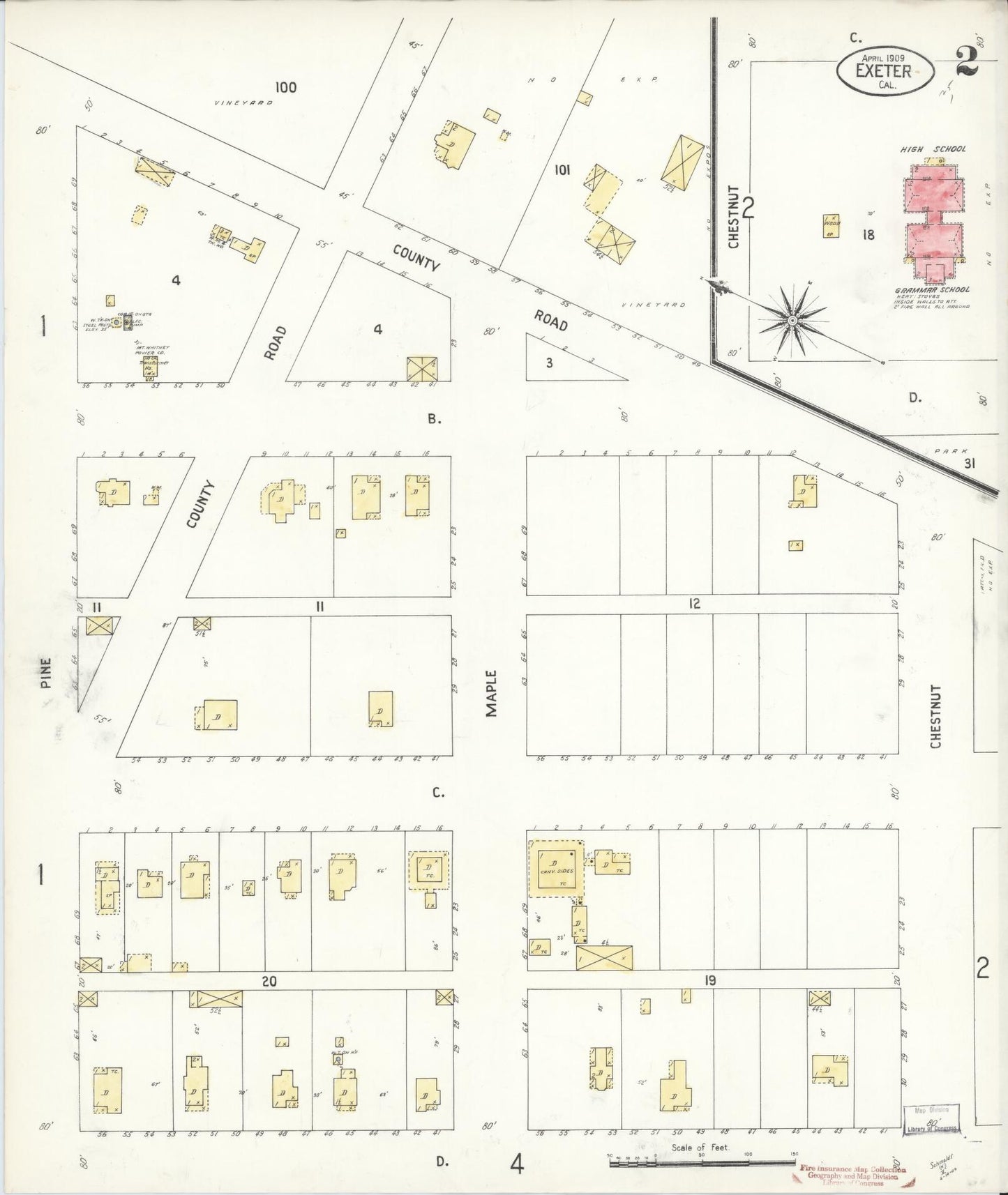 Sanborn Fire Insurance Map from Exeter, Tulare County, California (1909), Sheet #0002 - Historic Sanborn Fire Insurance Map Print, vintage old map wall art, antique decor, genealogy gift, California California map