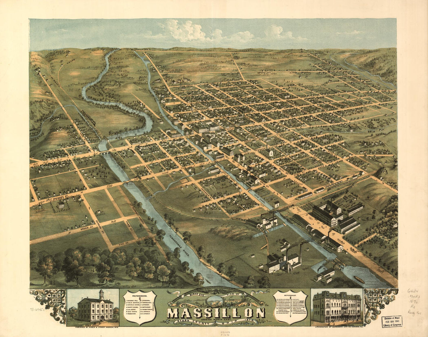 Bird's eye view of Massillon, Stark County, Ohio 1870. (1870) – Historic Bird’s-Eye View Panorama Print