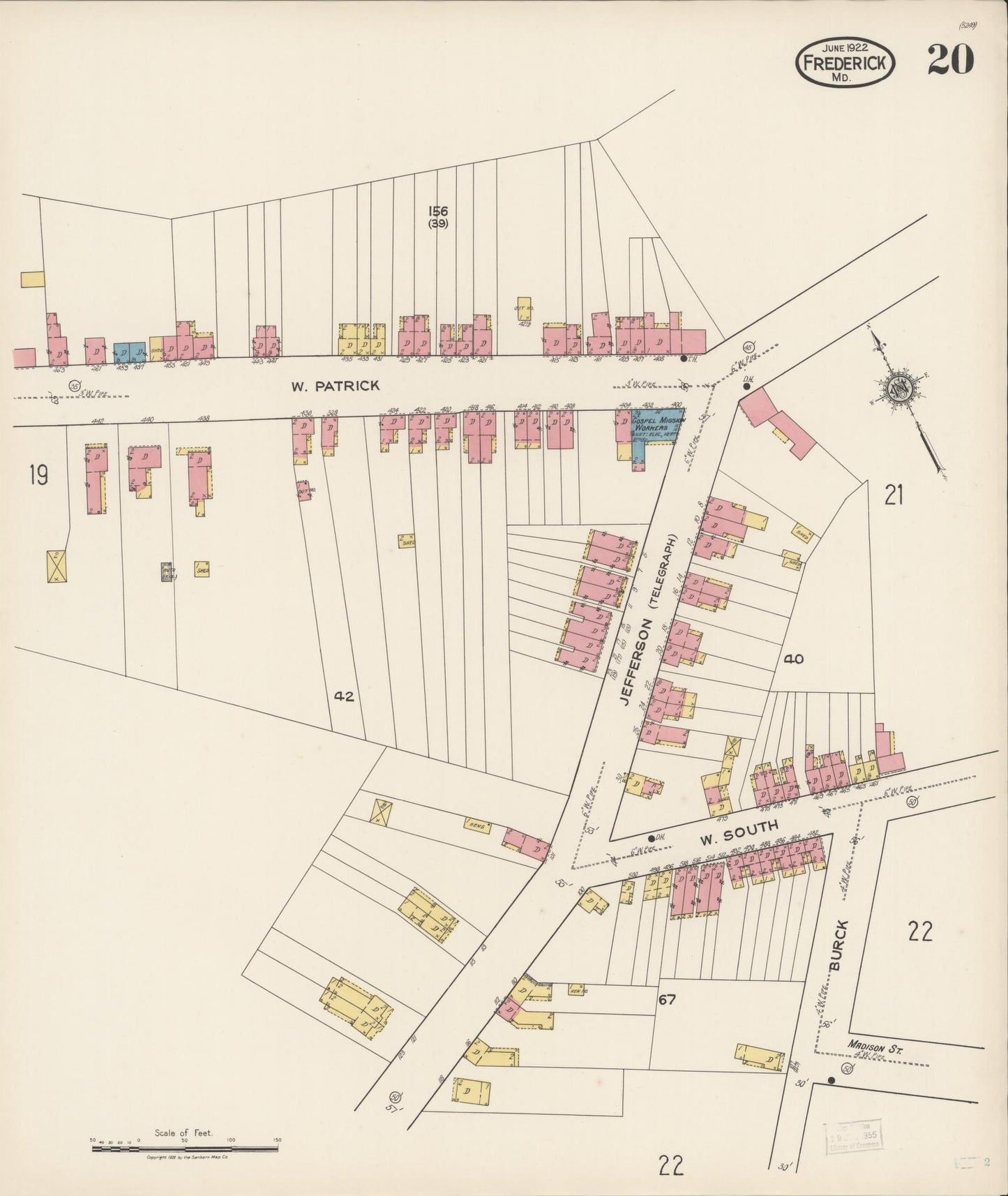 Sanborn Fire Insurance Map from Frederick, Frederick County, Maryland (1922), Sheet #0020 - Historic Sanborn Fire Insurance Map Print, vintage old map wall art