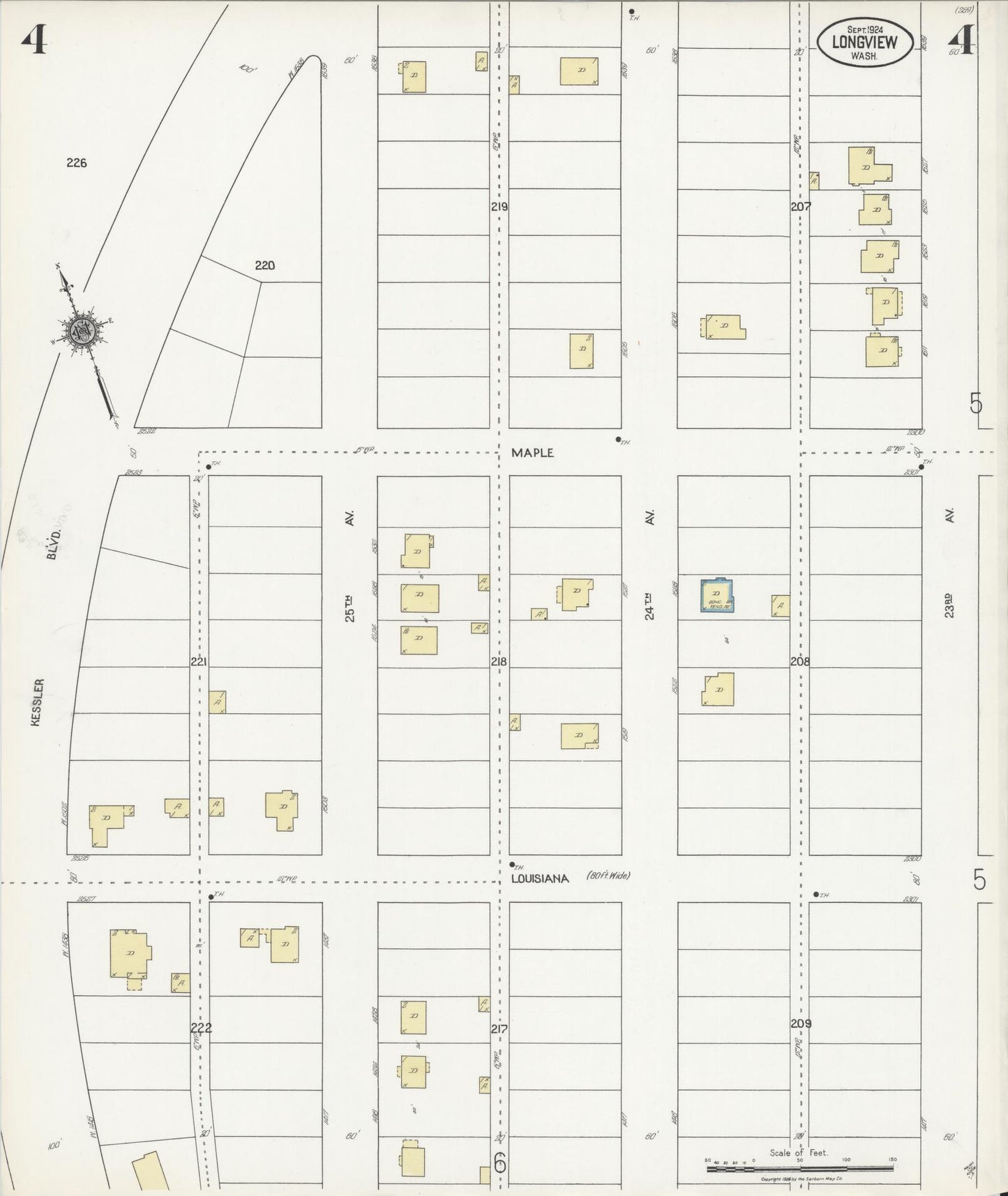 Sanborn Fire Insurance Map from Longview, Cowlitz County, Washington (1924), Sheet #0004 - Historic Sanborn Fire Insurance Map Print, vintage old map wall art, antique decor, genealogy gift, Washington Washington map
