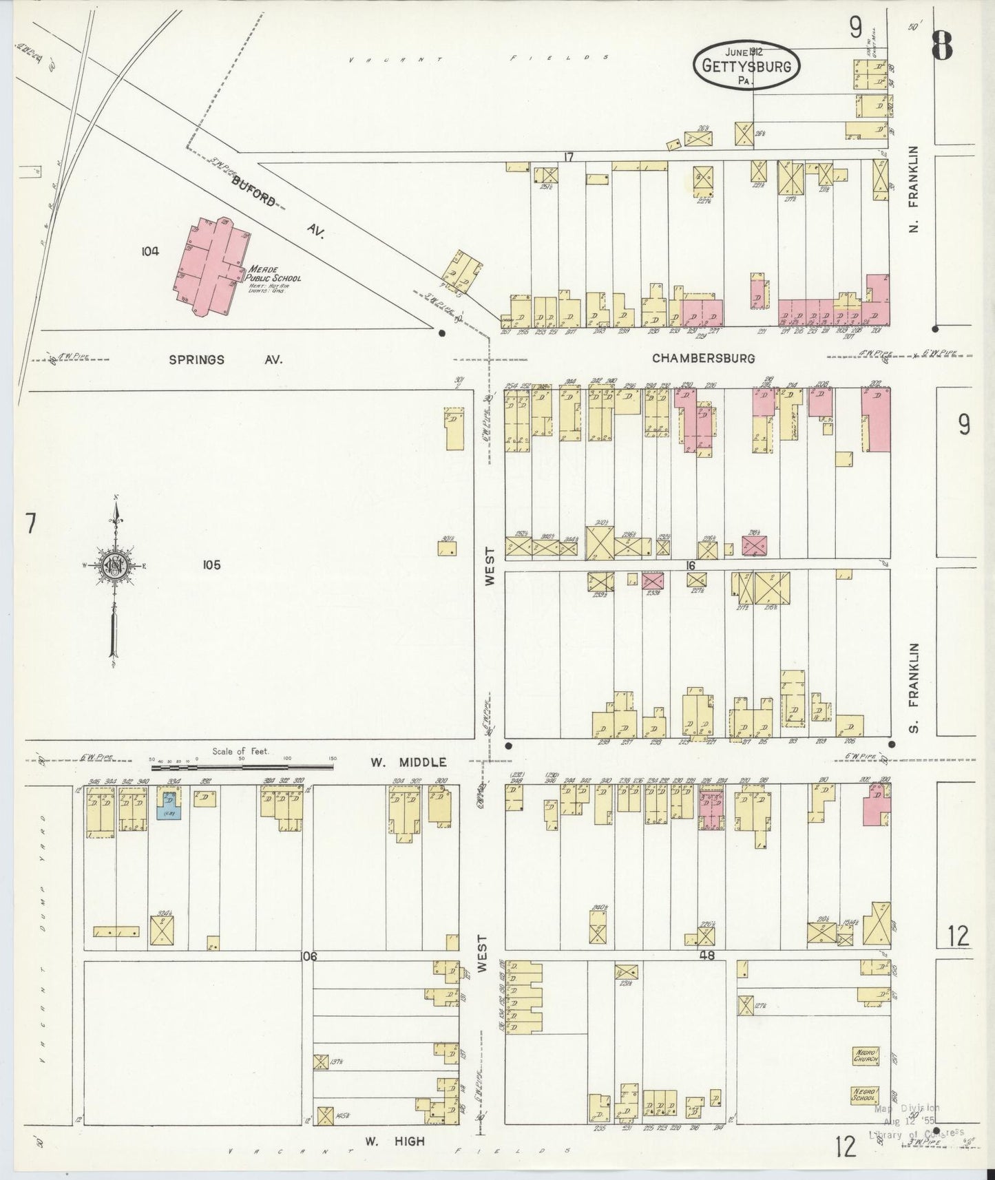 Sanborn Fire Insurance Map from Gettysburg, Adams County, Pennsylvania (1912), Sheet #0008 - Historic Sanborn Fire Insurance Map Print, vintage old map wall art, antique decor, genealogy gift, Pennsylvania Pennsylvania map