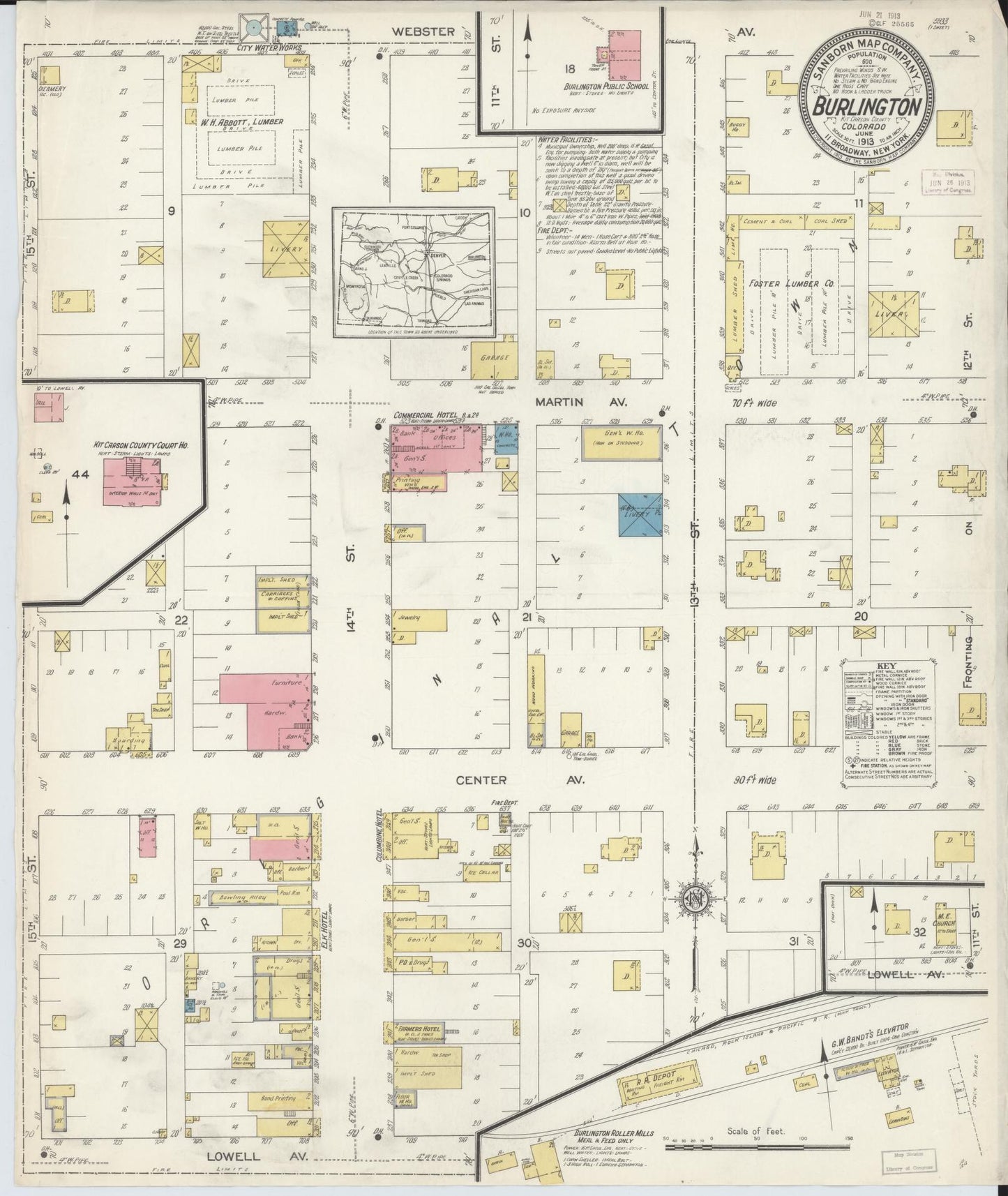 Sanborn Fire Insurance Map from Burlington, Kit Carson County, Colorado (1913), Sheet #0001 - Historic Sanborn Fire Insurance Map Print, vintage old map wall art, antique decor, genealogy gift, Colorado Colorado map