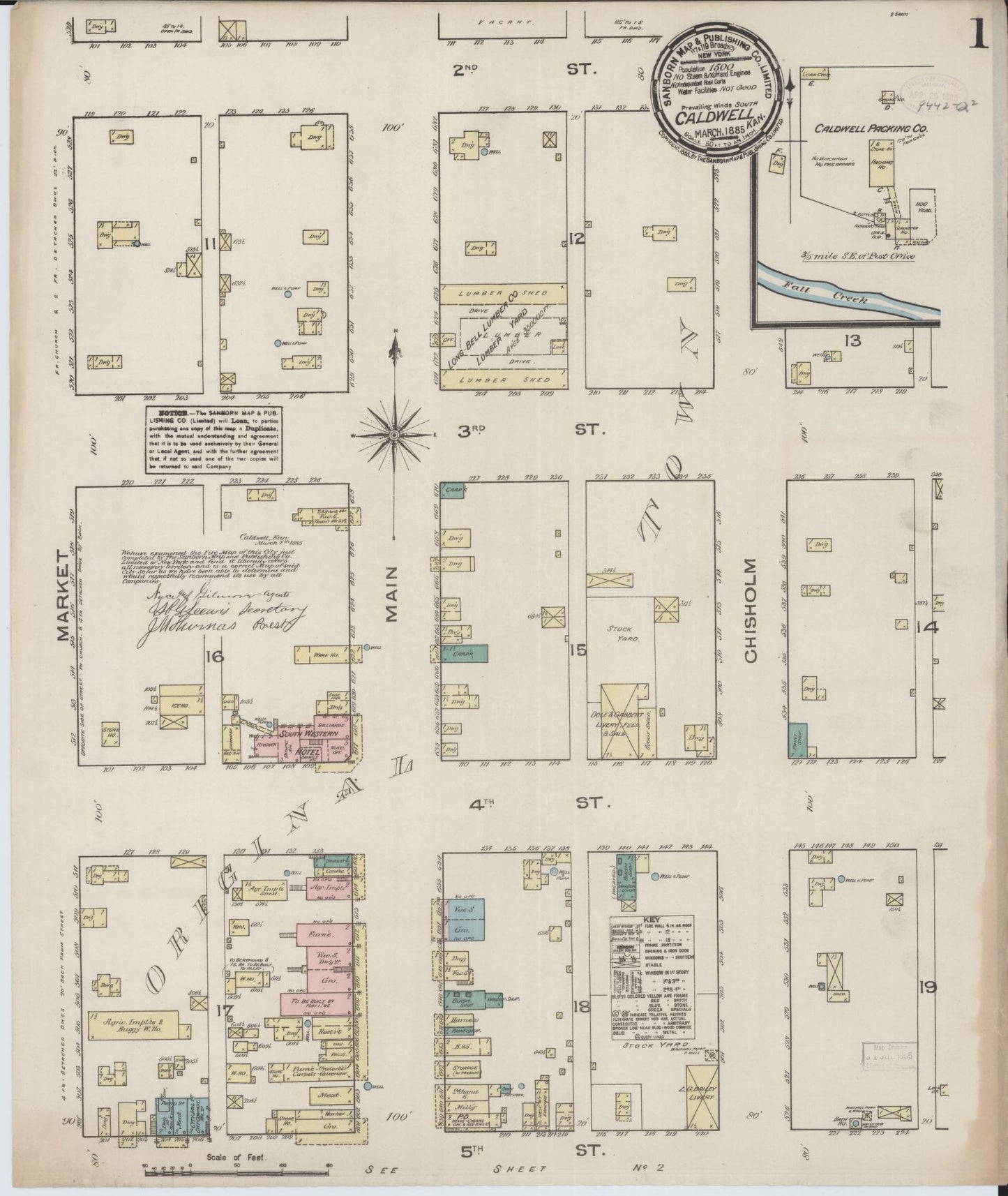 Sanborn Fire Insurance Map from Caldwell, Sumner County, Kansas (1885), Sheet #0001 - Historic Sanborn Fire Insurance Map Print, vintage old map wall art, antique decor, genealogy gift, Kansas Kansas map