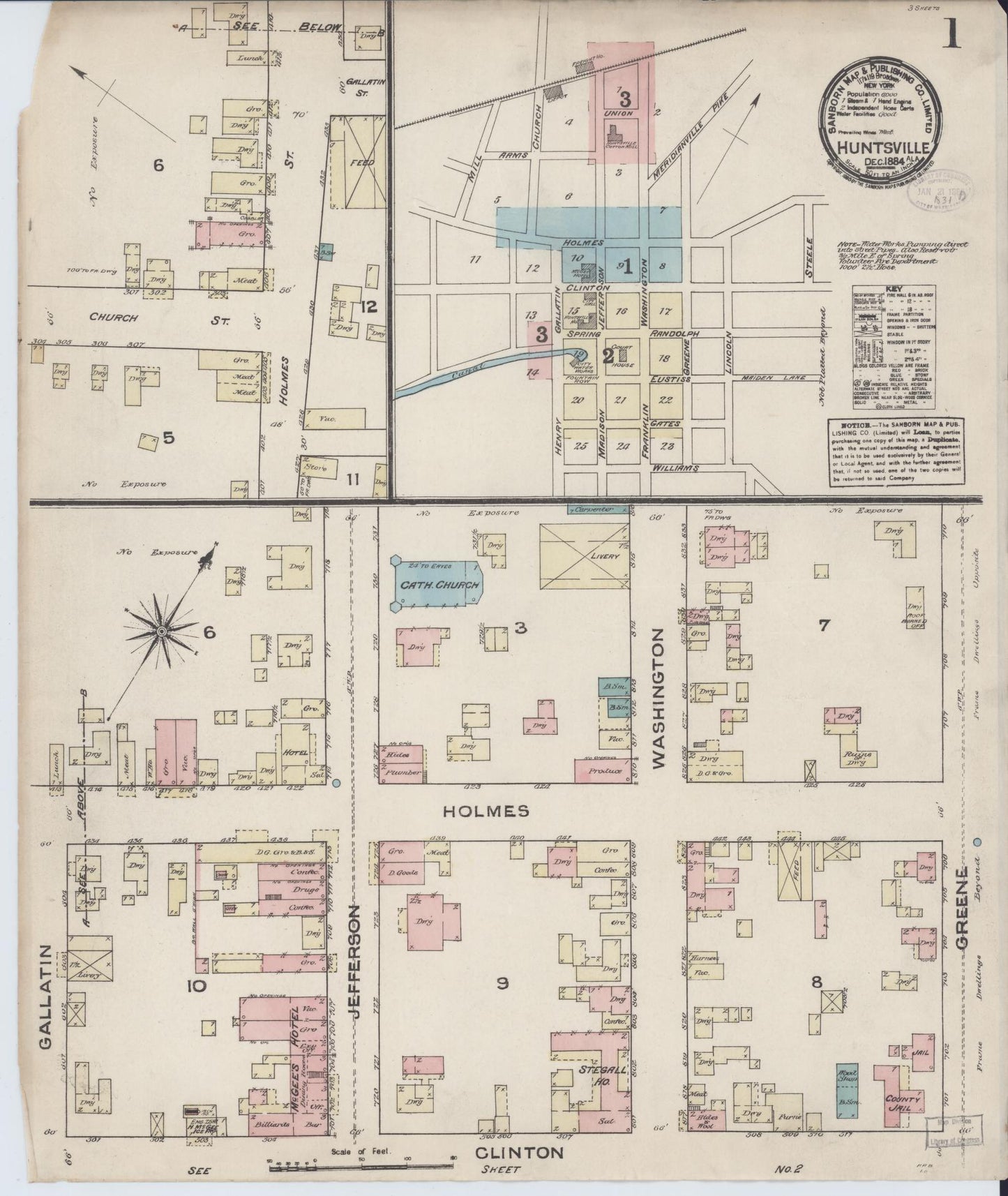 Sanborn Fire Insurance Map from Huntsville, Madison County, Alabama (1884), Sheet #0001 - Historic Sanborn Fire Insurance Map Print, vintage old map wall art, antique decor, genealogy gift, Alabama Alabama map