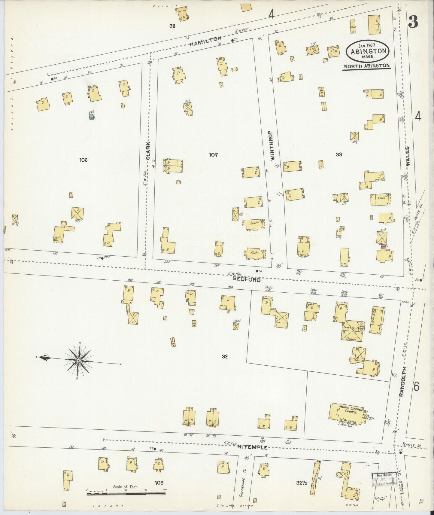 Sanborn Fire Insurance Map from Abington, Plymouth County, Massachusetts (1907), Sheet #0003 - Historic Sanborn Fire Insurance Map Print, vintage old map wall art, antique decor, genealogy gift, Massachusetts Massachusetts map