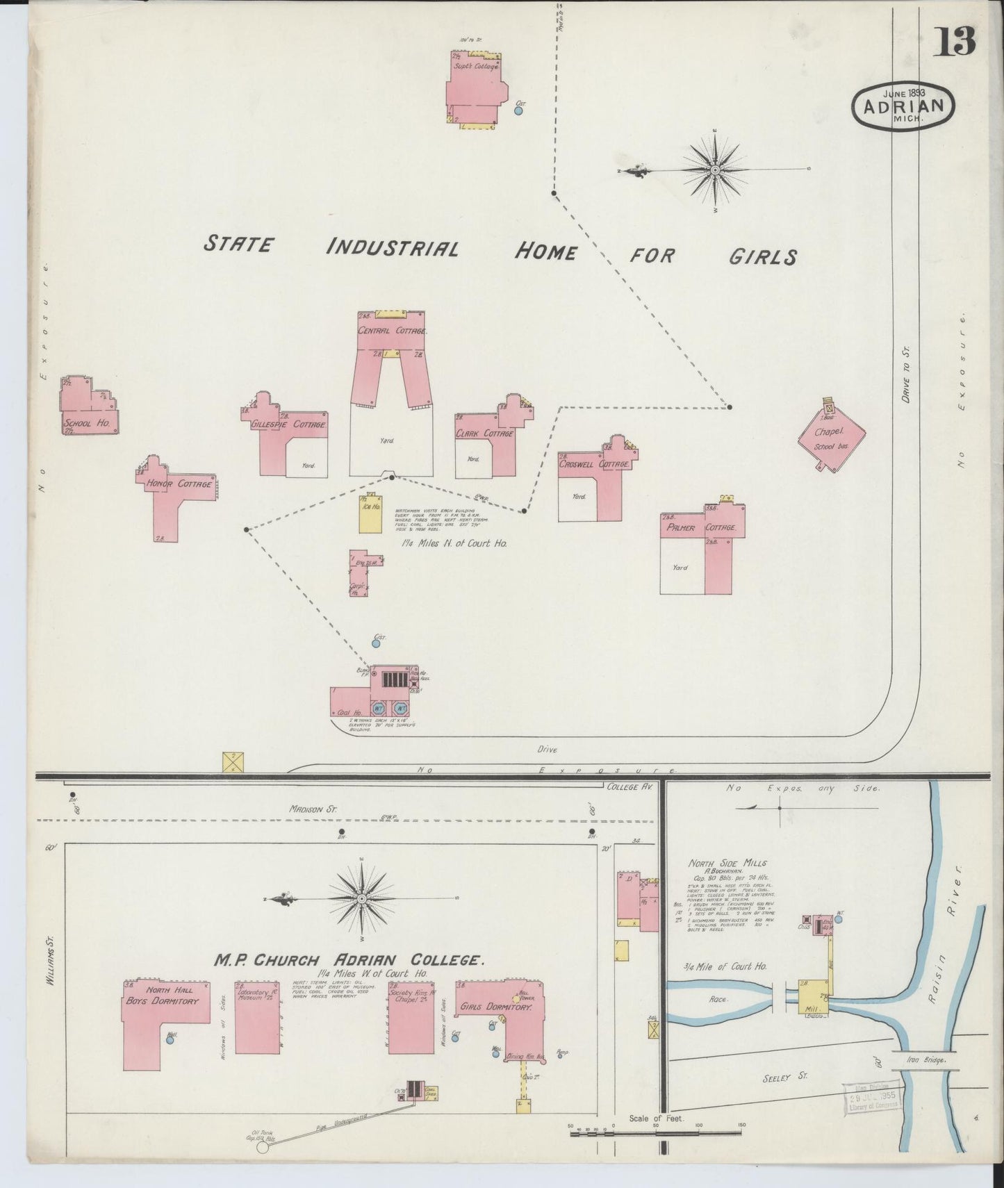 Sanborn Fire Insurance Map from Adrian, Lenawee County, Michigan (1893), Sheet #0013 - Complete Map Set gallery image, historic Sanborn map, vintage wall art, Michigan Michigan