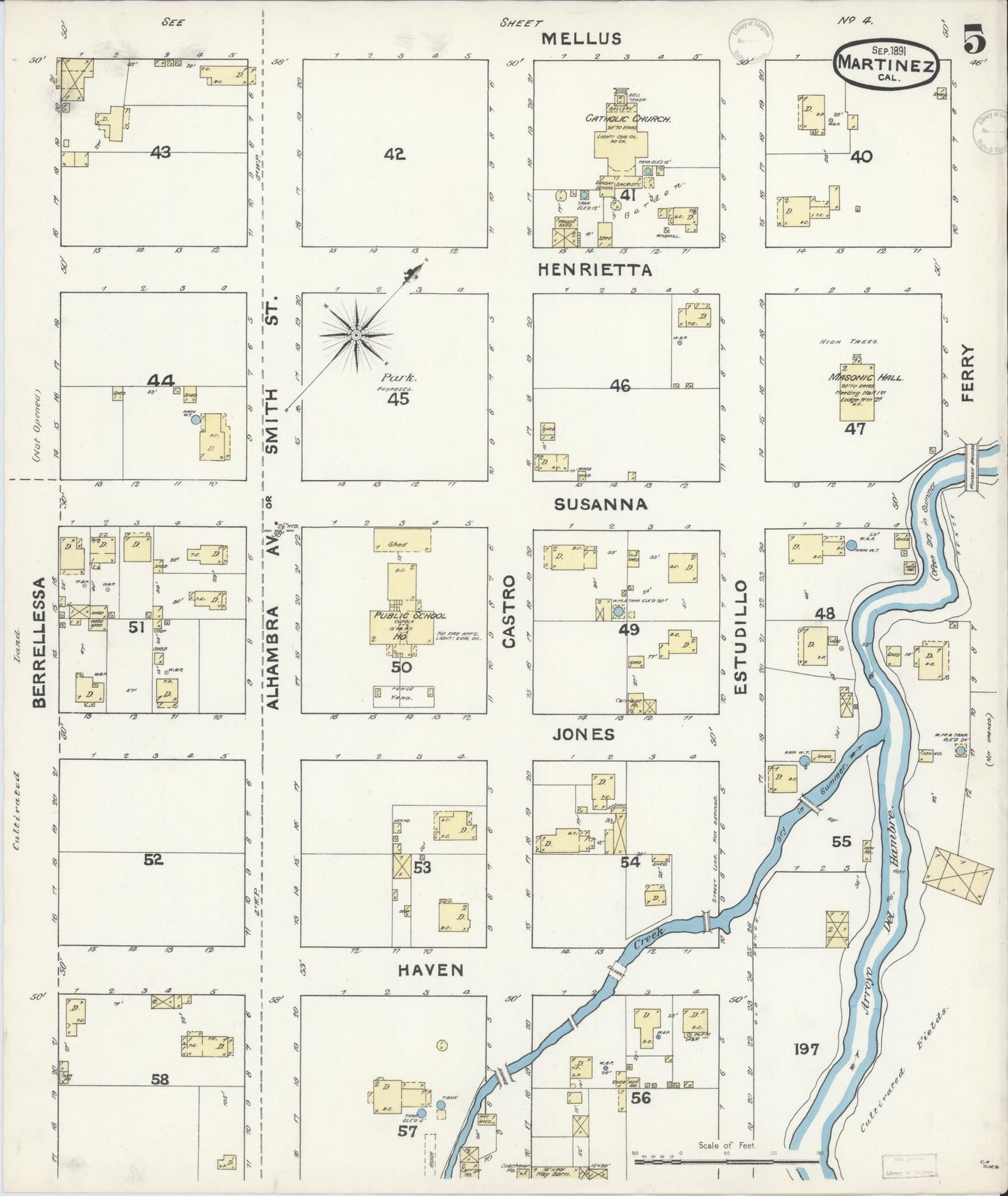 Sanborn Fire Insurance Map from Martinez, Contra Costa County, California (1891), Sheet #0005 - Historic Sanborn Fire Insurance Map Print, vintage old map wall art, antique decor, genealogy gift, California California map