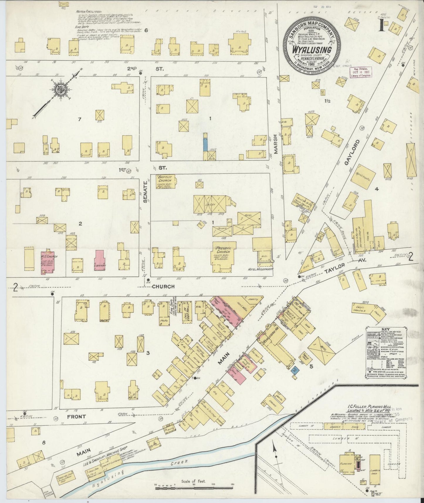 Sanborn Fire Insurance Map from Wyalusing, Wyoming County, Pennsylvania (1911), Sheet #0001 - Historic Sanborn Fire Insurance Map Print, vintage old map wall art, antique decor, genealogy gift, Wyalusing Wyoming map