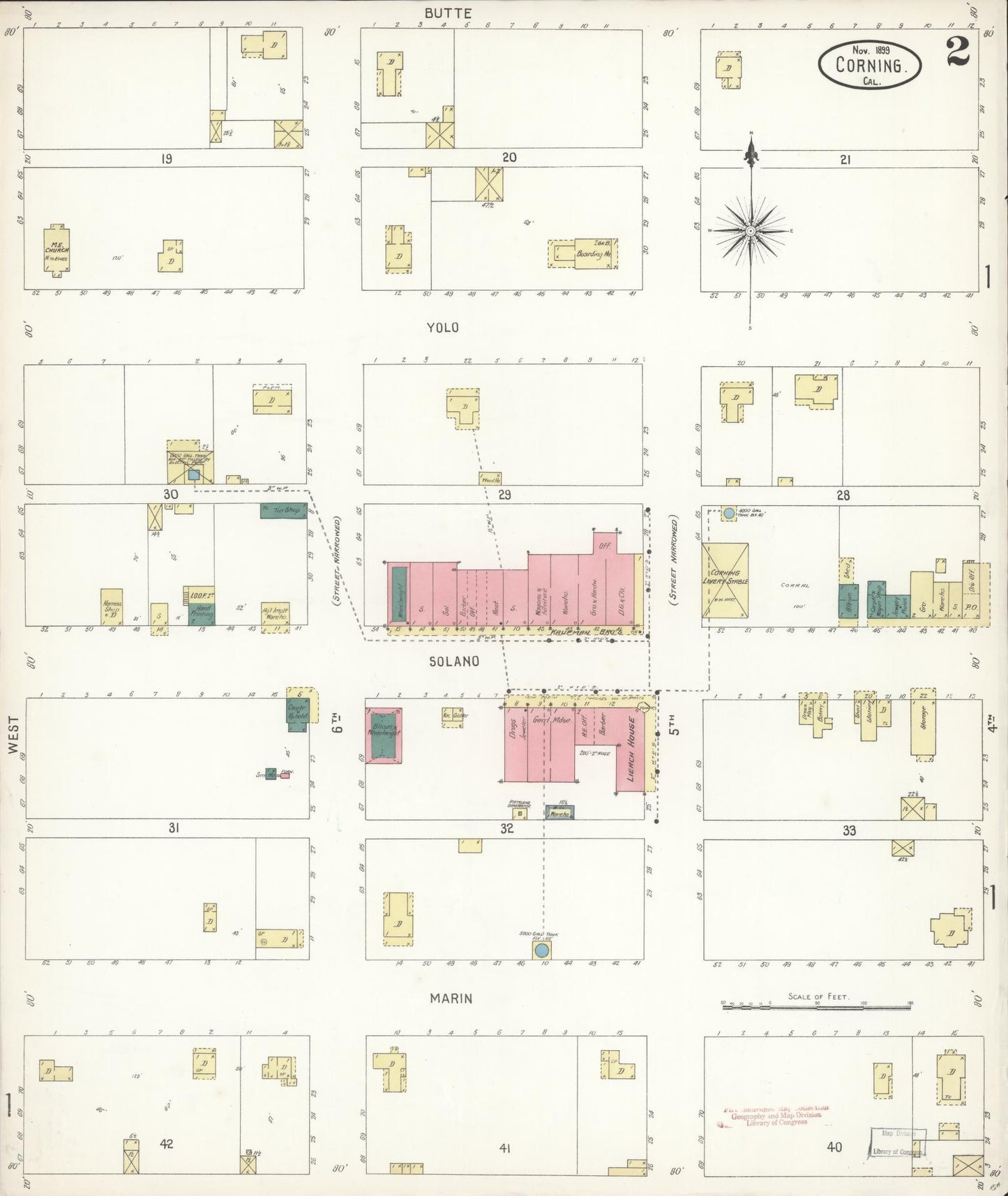 Sanborn Fire Insurance Map from Corning, Tehama County, California (1899), Sheet #0002 - Complete Map Set gallery image, historic Sanborn map, vintage wall art, California California