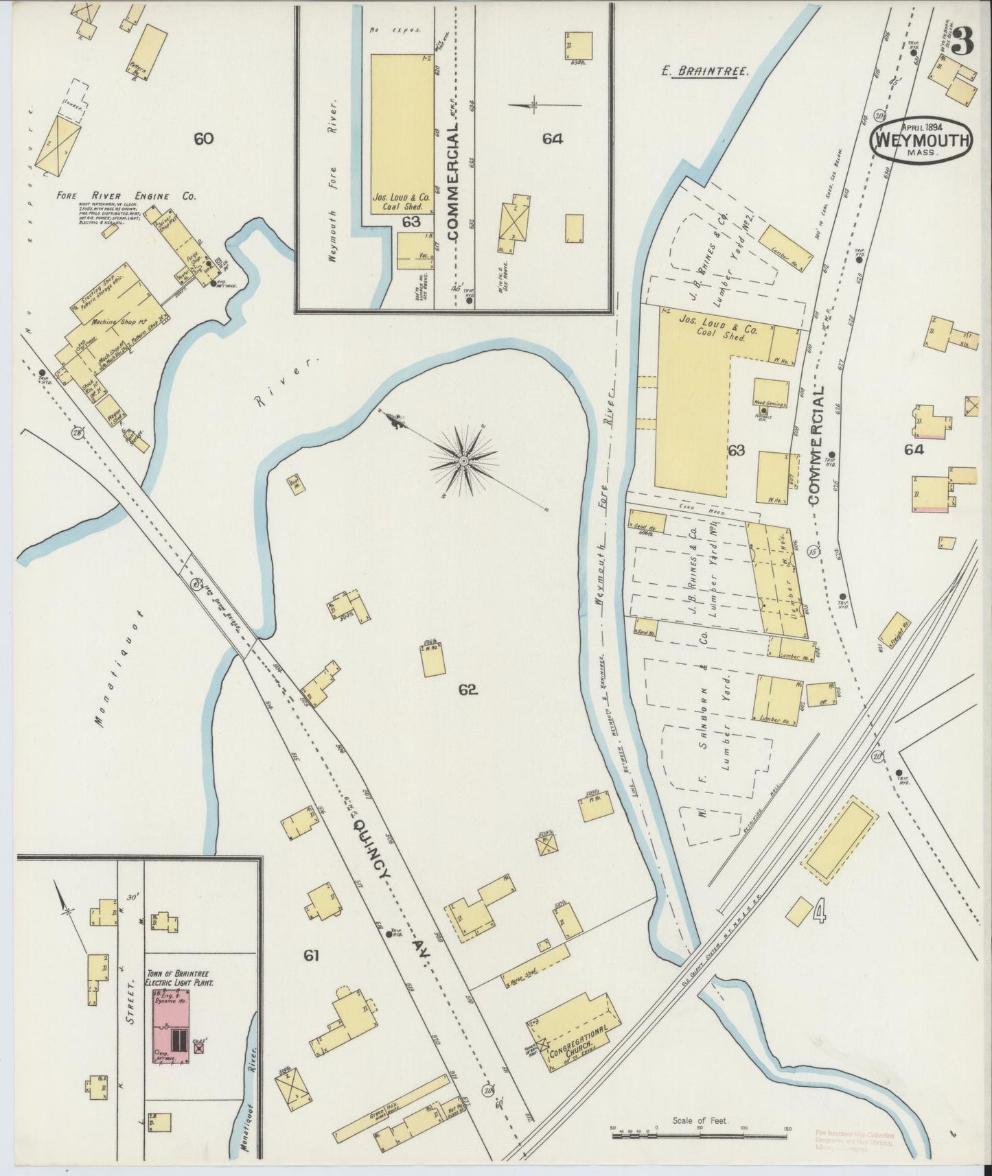 Sanborn Fire Insurance Map from Weymouth, Norfolk County, Massachusetts (1894), Sheet #0003 - Historic Sanborn Fire Insurance Map Print, vintage old map wall art, antique decor, genealogy gift, Massachusetts Massachusetts map