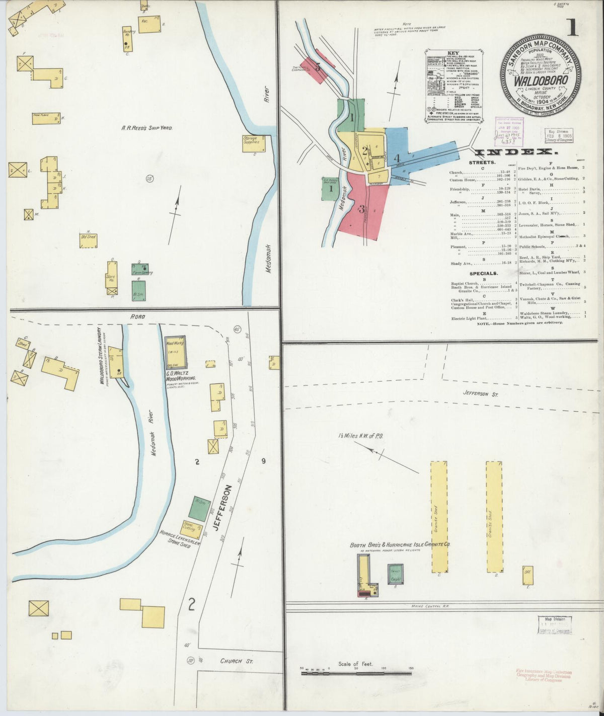 Sanborn Fire Insurance Map from Waldoboro, Lincoln County, Maine (1904), Sheet #0001 - Historic Sanborn Fire Insurance Map Print, vintage old map wall art, antique decor, genealogy gift, Maine Maine map