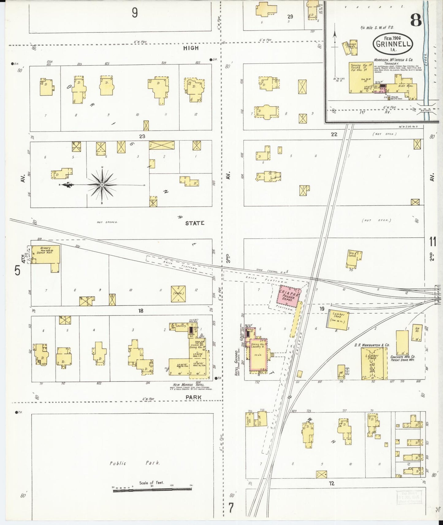 Sanborn Fire Insurance Map from Grinnell, Poweshiek County, Iowa (1906), Sheet #0008 - Historic Sanborn Fire Insurance Map Print, vintage old map wall art