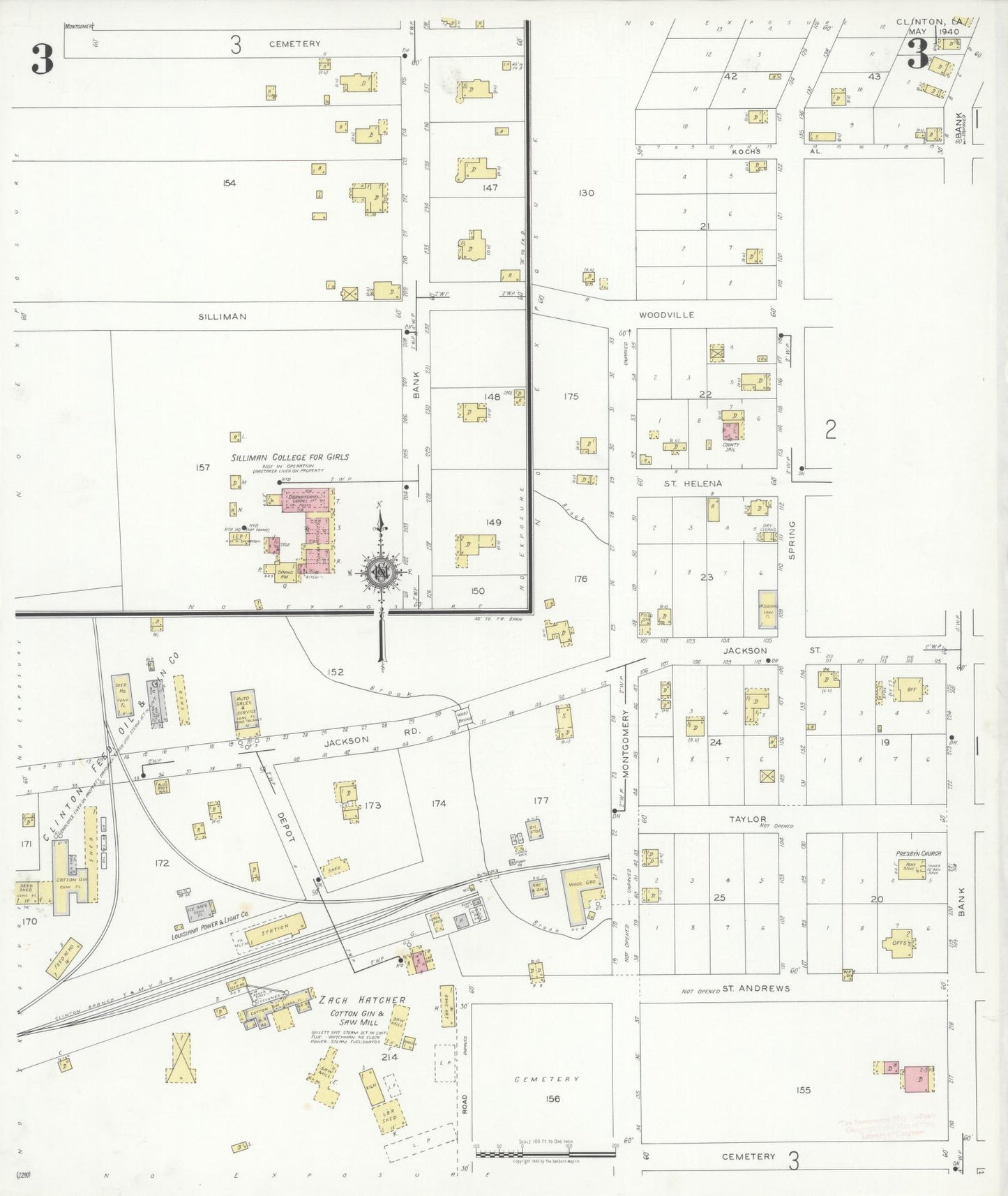 Sanborn Fire Insurance Map from Clinton, East Feliciana Parish, Louisiana (1940), Sheet #0003 - Historic Sanborn Fire Insurance Map Print, vintage old map wall art, antique decor, genealogy gift, Louisiana Louisiana map
