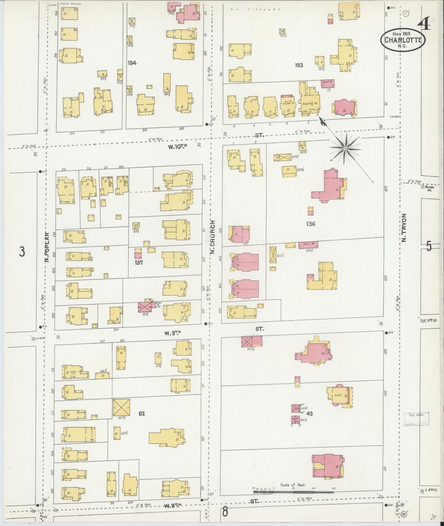 Sanborn Fire Insurance Map from Charlotte, Mecklenburg County, North Carolina (1905), Sheet #0004 - Historic Sanborn Fire Insurance Map Print, vintage old map wall art, antique decor, genealogy gift, North Carolina North Carolina map