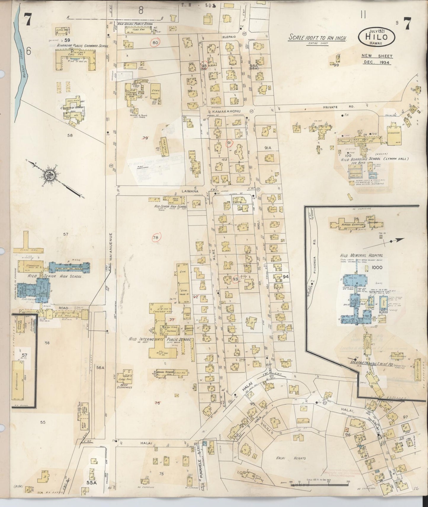 Sanborn Fire Insurance Map from Hilo, Hawaii County, Hawaii (1957), Sheet #0007 - Historic Sanborn Fire Insurance Map Print, vintage old map wall art