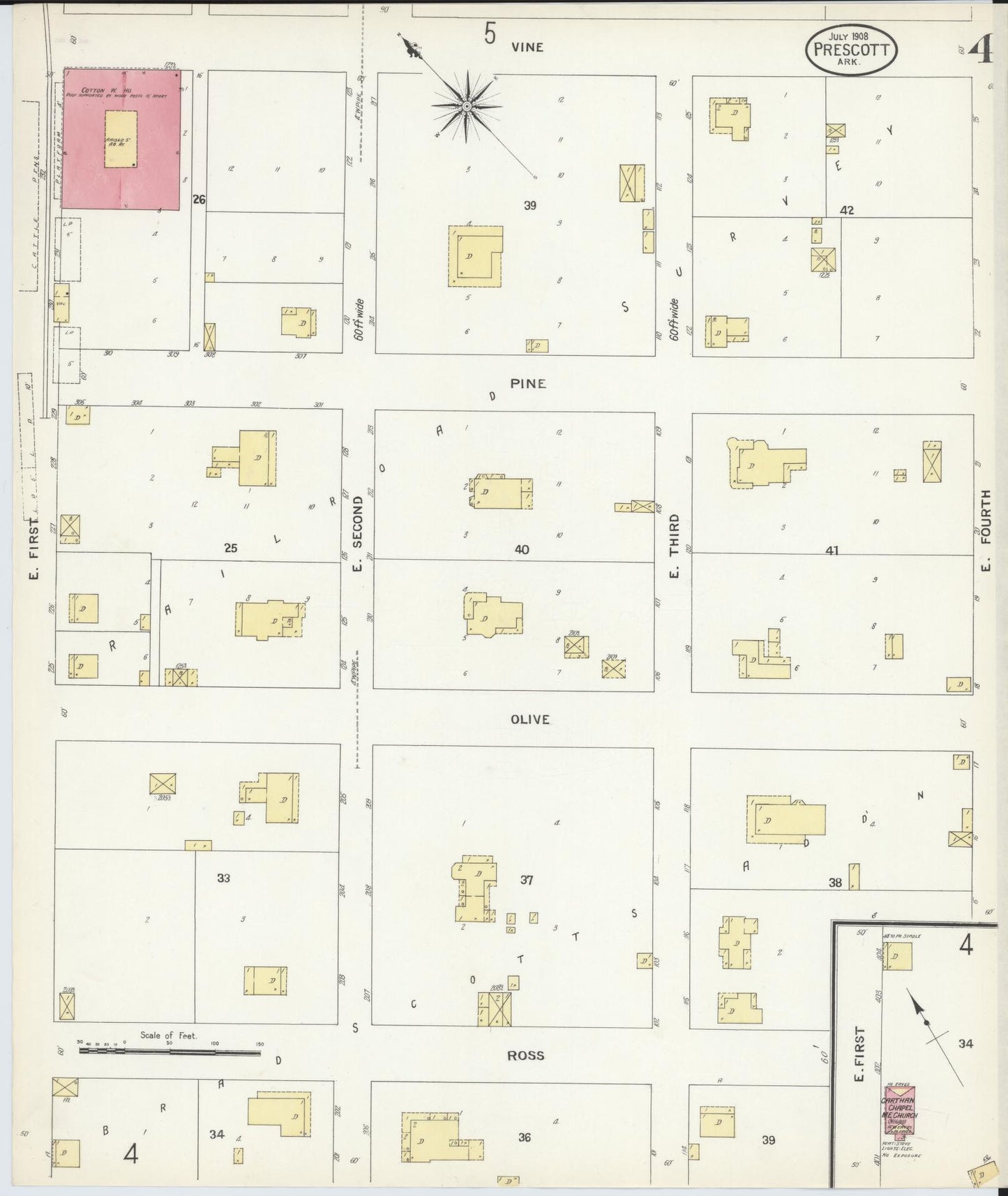 Sanborn Fire Insurance Map from Prescott, Nevada County, Arkansas (1908), Sheet #0004 - Historic Sanborn Fire Insurance Map Print, vintage old map wall art, antique decor, genealogy gift, Arkansas Arkansas map
