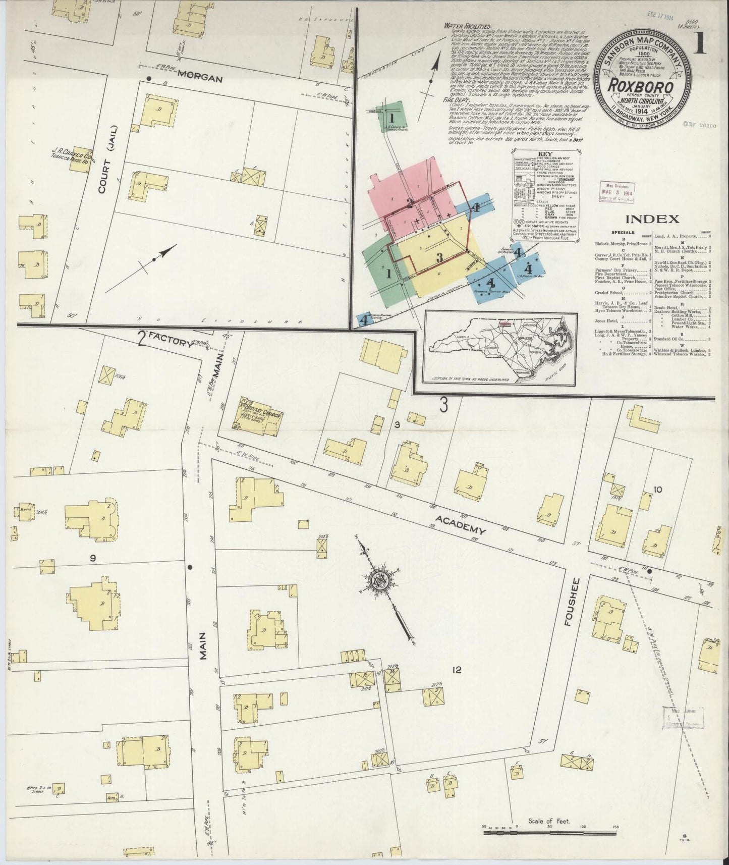 Sanborn Fire Insurance Map from Roxboro, Person County, North Carolina (1914), Sheet #0001 - Historic Sanborn Fire Insurance Map Print, vintage old map wall art, antique decor, genealogy gift, North Carolina North Carolina map