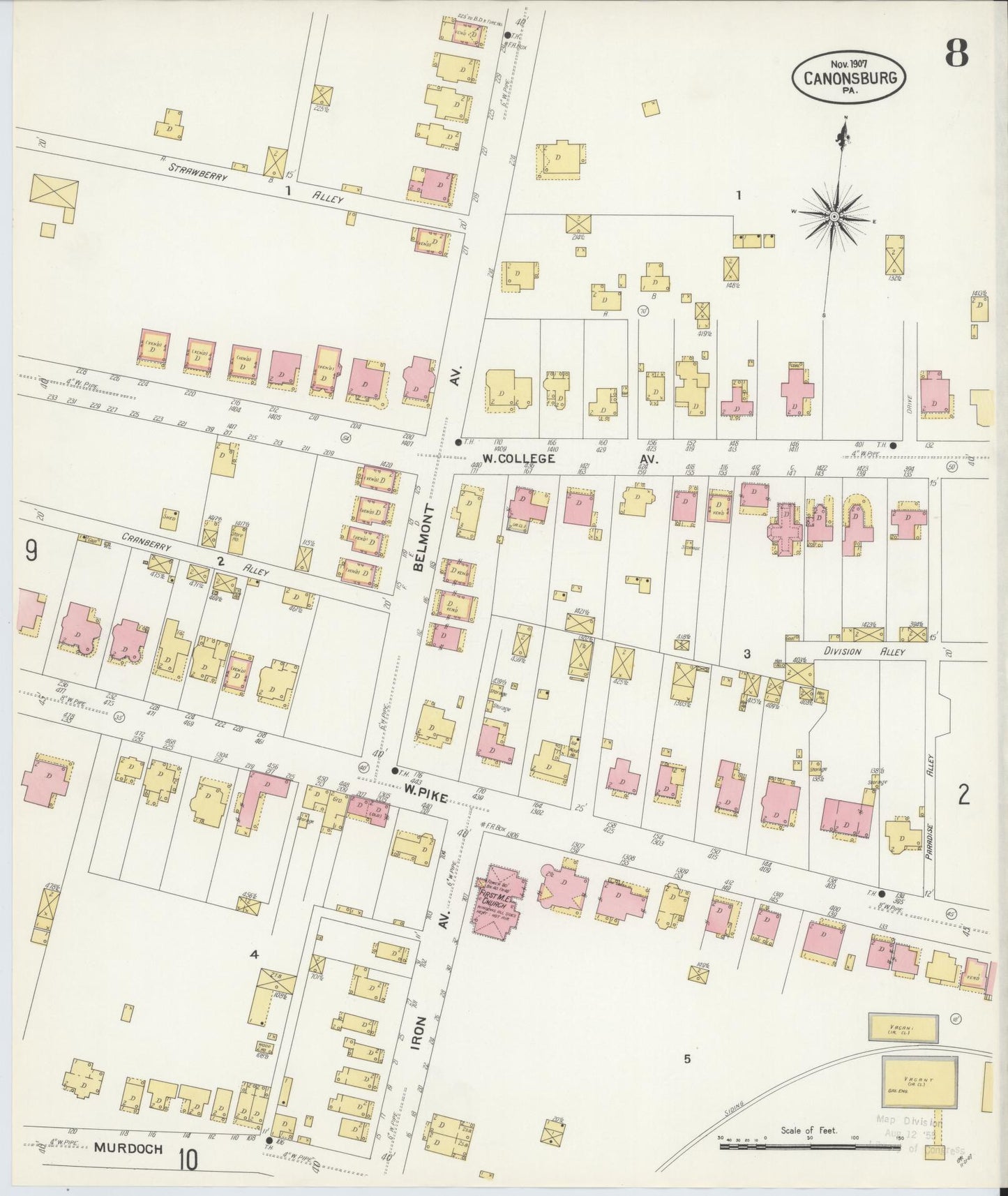 Sanborn Fire Insurance Map from Canonsburg, Washington County, Pennsylvania (1907), Sheet #0008 - Historic Sanborn Fire Insurance Map Print, vintage old map wall art, antique decor, genealogy gift, Pennsylvania Pennsylvania map