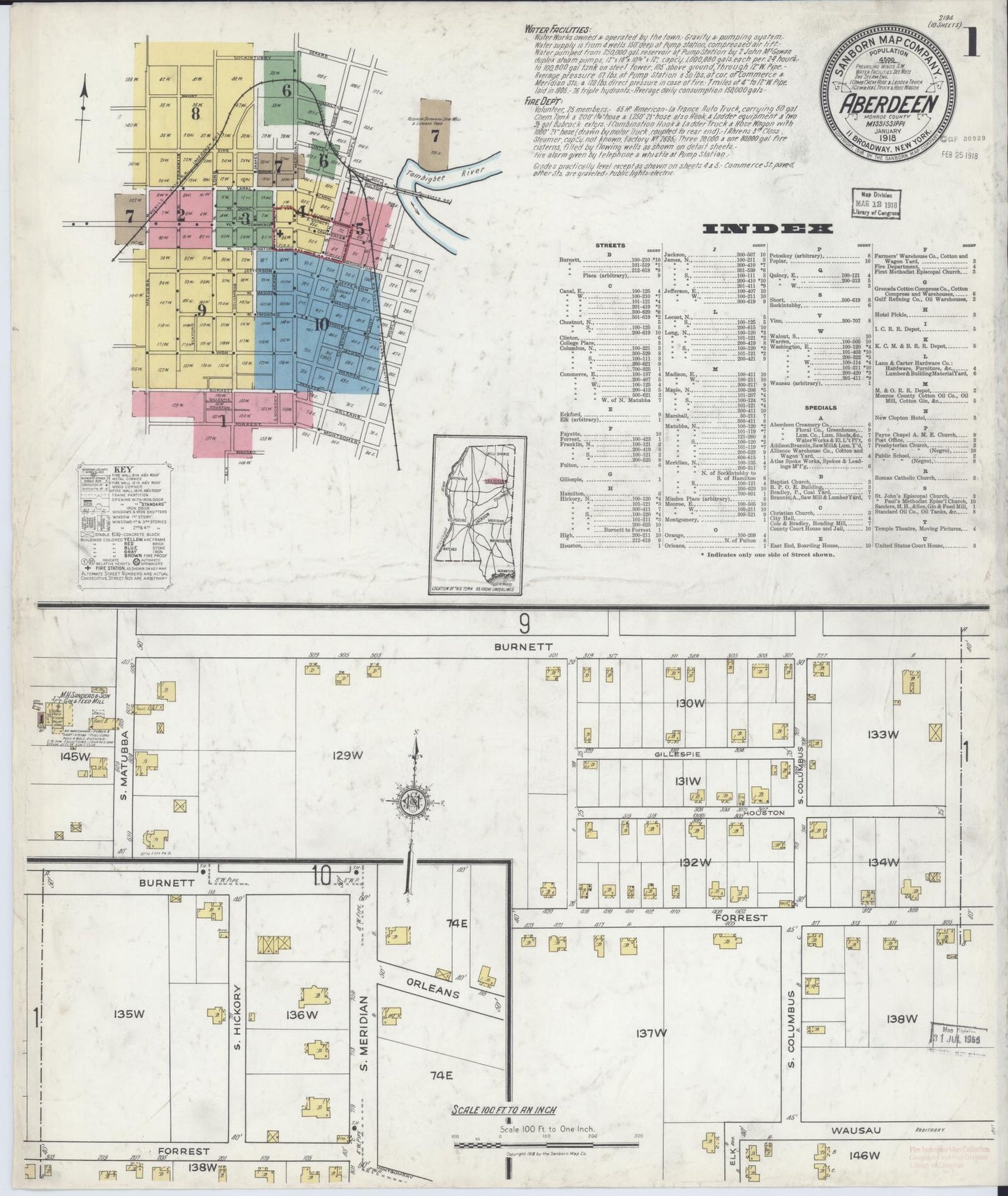 Sanborn Fire Insurance Map from Aberdeen, Monroe County, Mississippi (1918), Sheet #0001 - Historic Sanborn Fire Insurance Map Print, vintage old map wall art, antique decor, genealogy gift, Mississippi Mississippi map