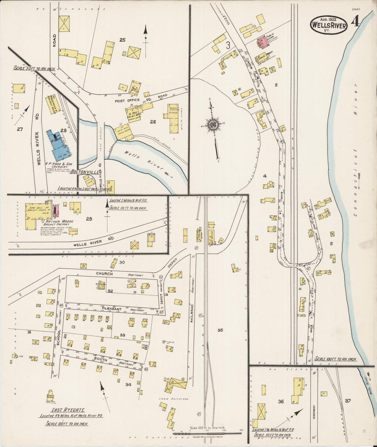 Sanborn Fire Insurance Map from Wells River, Orange County, Vermont (1922), Sheet #0004 - Historic Sanborn Fire Insurance Map Print, vintage old map wall art, antique decor, genealogy gift, Vermont Vermont map
