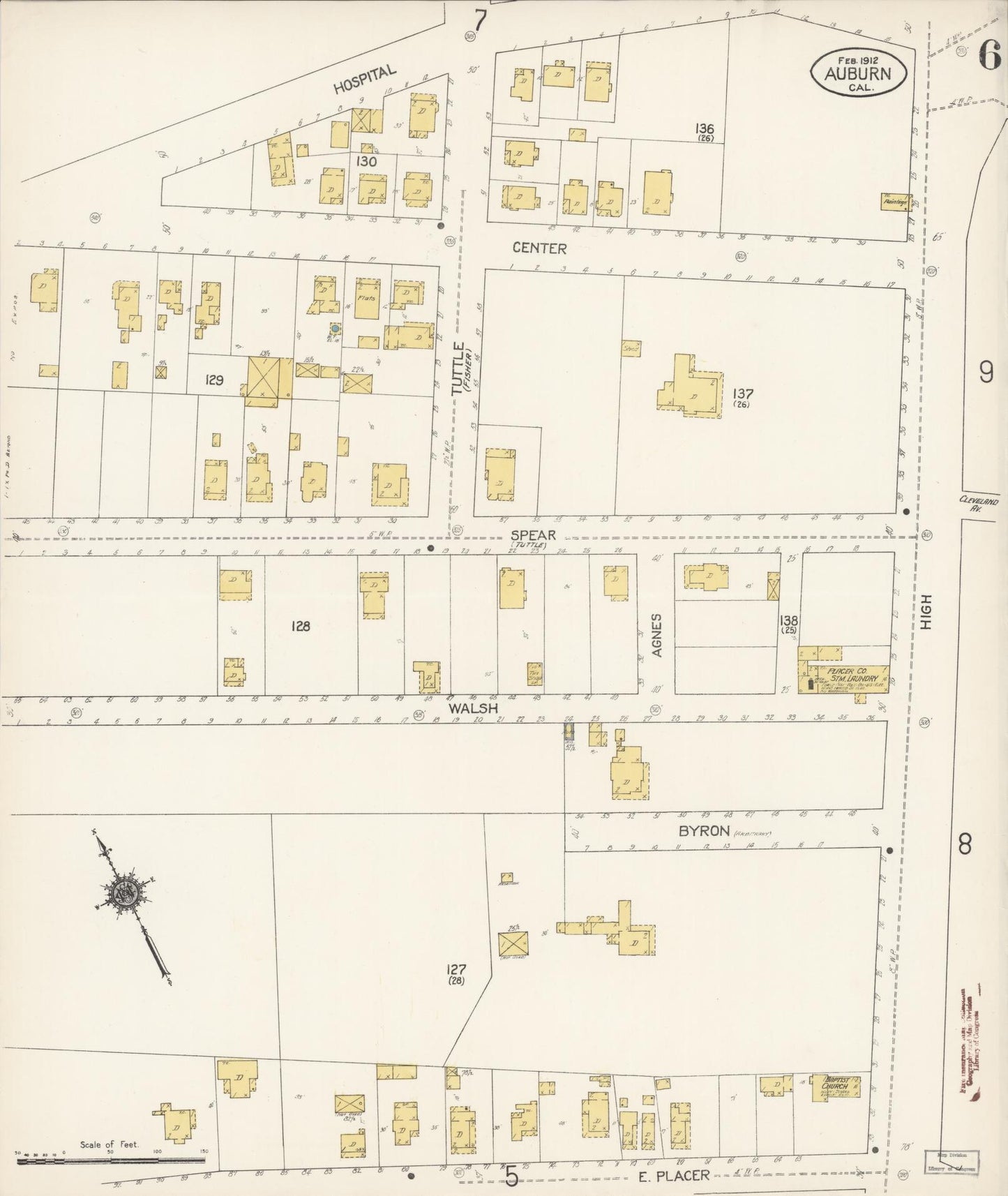 Sanborn Fire Insurance Map from Auburn, Placer County, California (1912), Sheet #0006 - Historic Sanborn Fire Insurance Map Print, vintage old map wall art, antique decor, genealogy gift, California California map