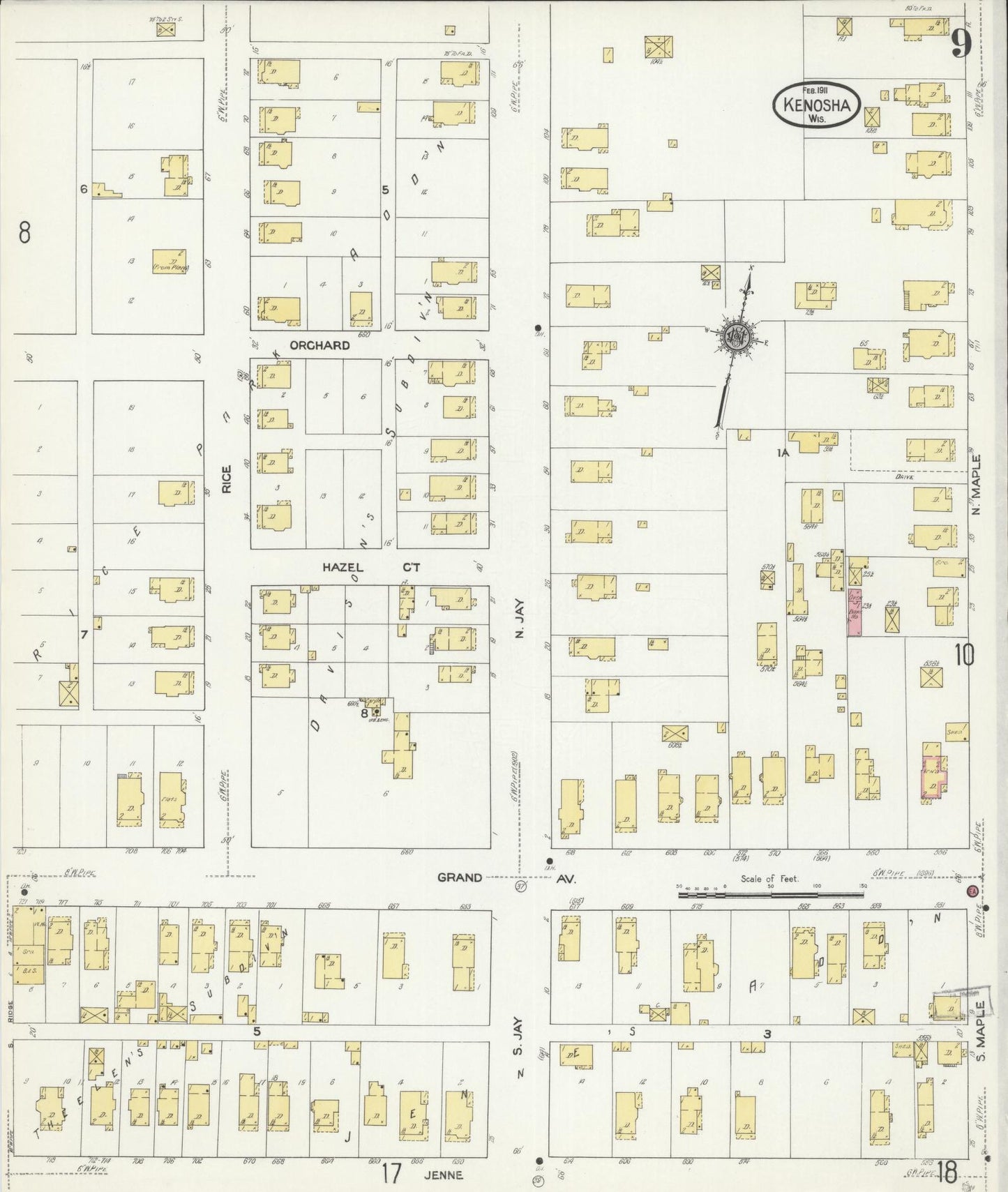 Sanborn Fire Insurance Map from Kenosha, Kenosha County, Wisconsin (1911), Sheet #0009 - Historic Sanborn Fire Insurance Map Print, vintage old map wall art, antique decor, genealogy gift, Wisconsin Wisconsin map