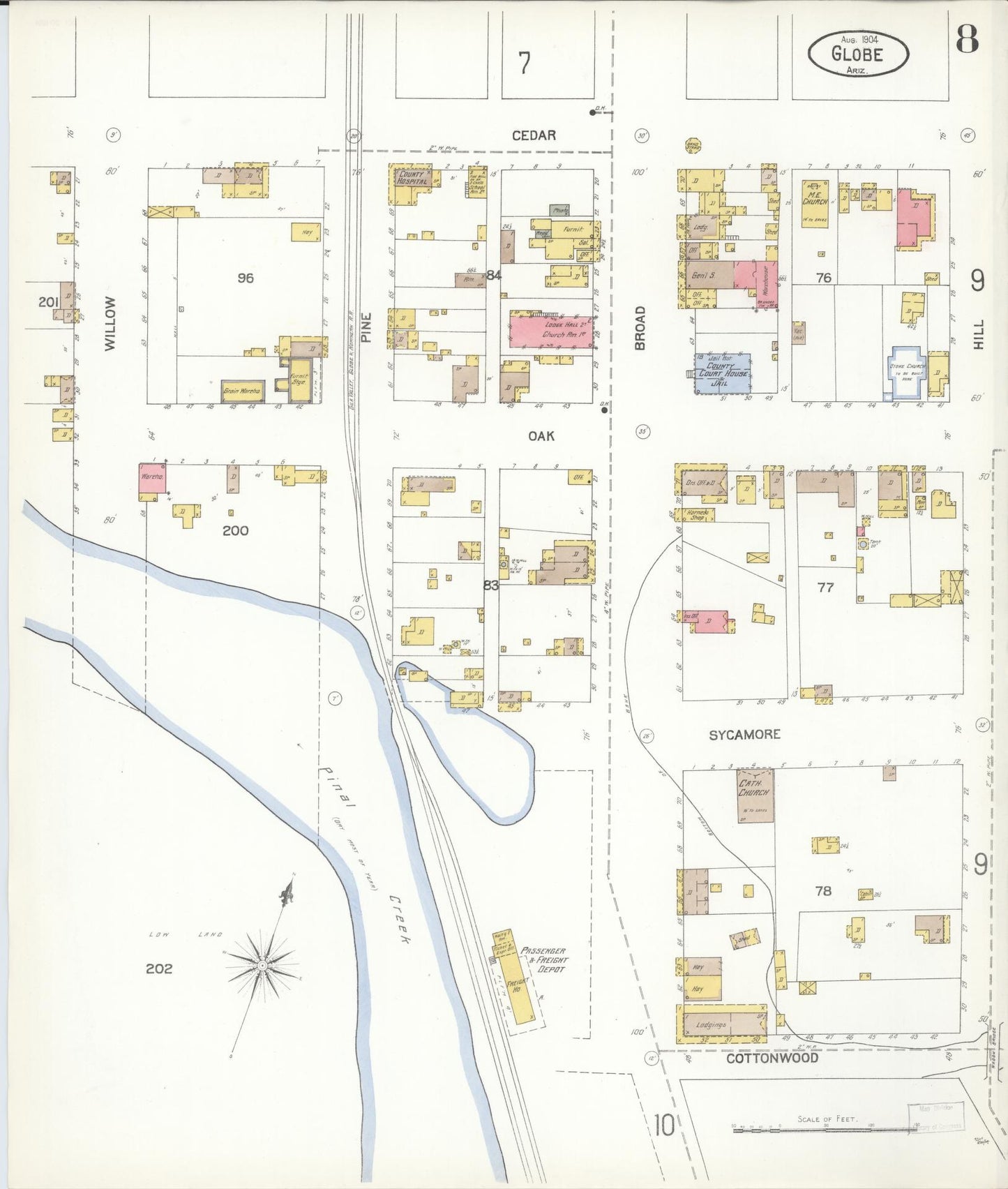 Sanborn Fire Insurance Map from Globe, Gila County, Arizona (1904), Sheet #0008 - Historic Sanborn Fire Insurance Map Print, vintage old map wall art, antique decor, genealogy gift, Arizona Arizona map
