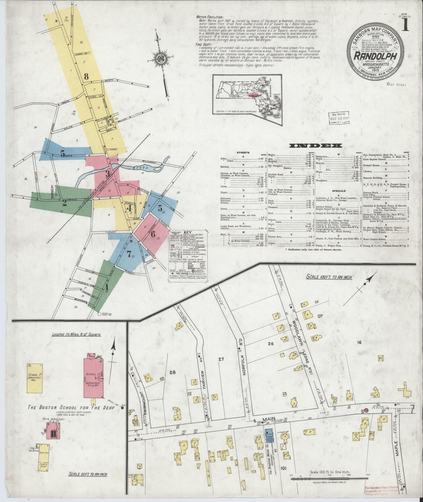 Sanborn Fire Insurance Map from Randolph, Norfolk County, Massachusetts (1919), Sheet #0001 - Historic Sanborn Fire Insurance Map Print, vintage old map wall art, antique decor, genealogy gift, Massachusetts Massachusetts map