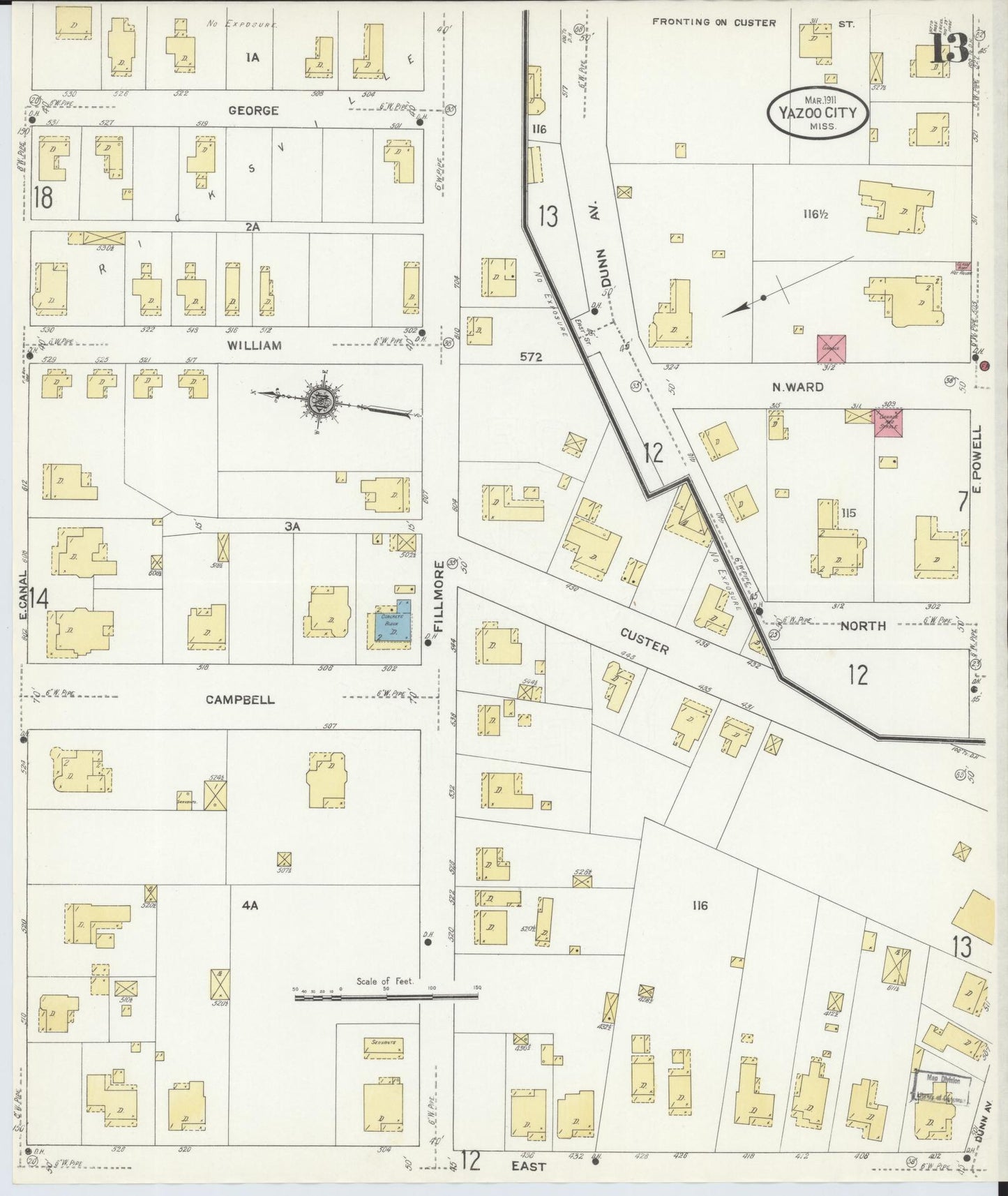 Sanborn Fire Insurance Map from Yazoo City, Yazoo County, Mississippi (1911), Sheet #0013 - Historic Sanborn Fire Insurance Map Print, vintage old map wall art, antique decor, genealogy gift, Mississippi Mississippi map