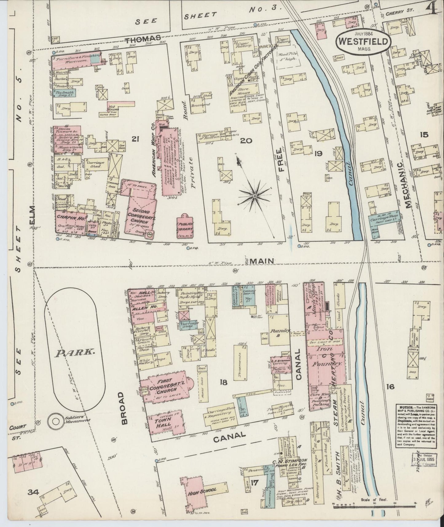 Sanborn Fire Insurance Map from Westfield, Hampden County, Massachusetts (1884), Sheet #0004 - Historic Sanborn Fire Insurance Map Print, vintage old map wall art, antique decor, genealogy gift, Massachusetts Massachusetts map
