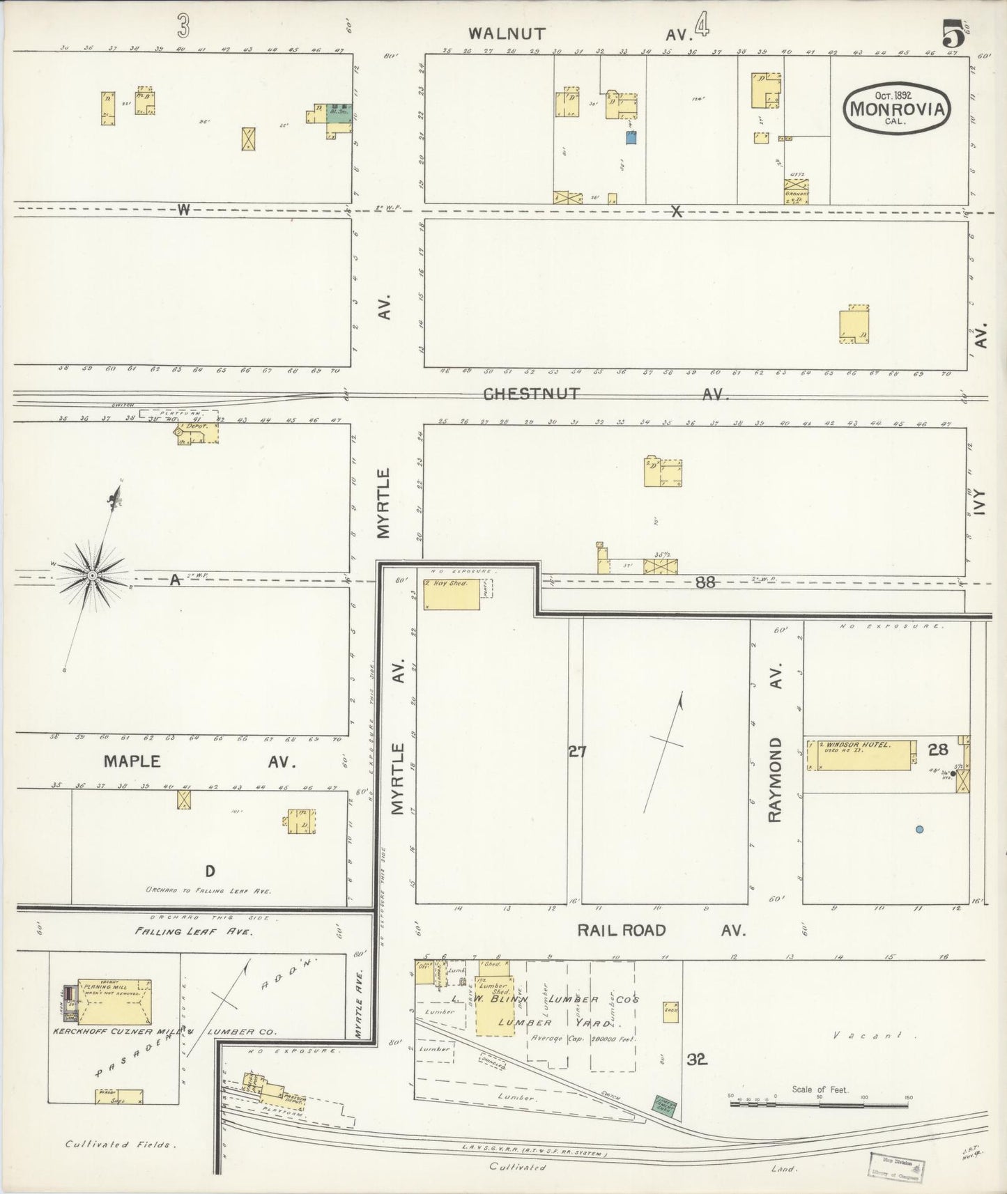 Sanborn Fire Insurance Map from Monrovia, Los Angeles County, California (1892), Sheet #0005 - Historic Sanborn Fire Insurance Map Print, vintage old map wall art, antique decor, genealogy gift, California California map