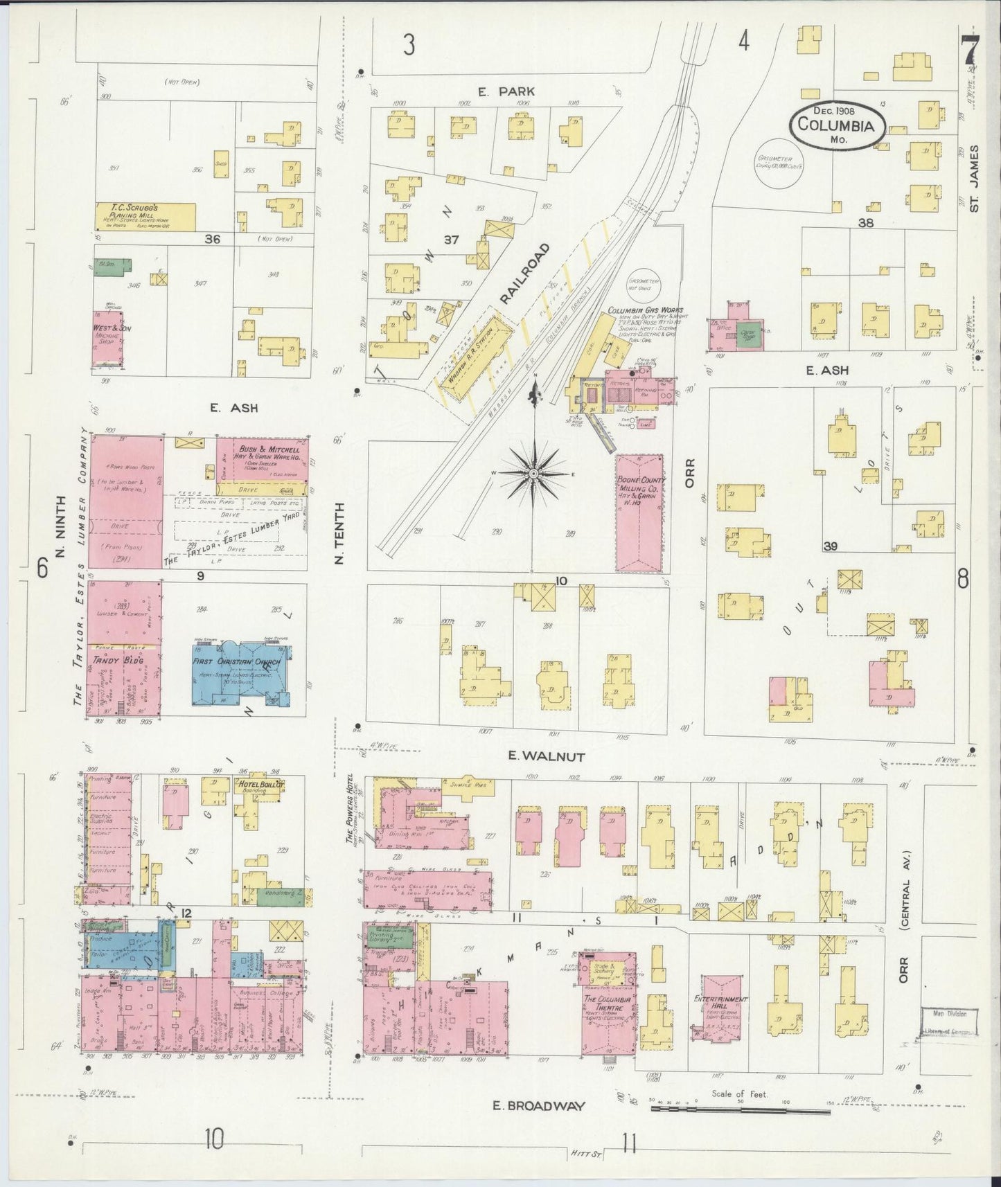 Sanborn Fire Insurance Map from Columbia, Boone County, Missouri (1908), Sheet #0007 - Historic Sanborn Fire Insurance Map Print, vintage old map wall art, antique decor, genealogy gift, Missouri Missouri map