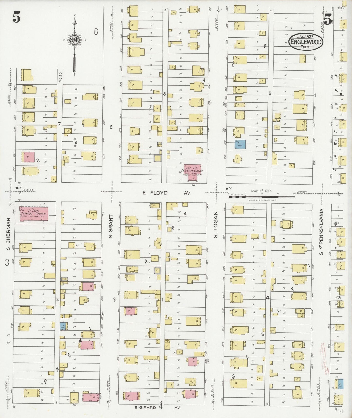 Sanborn Fire Insurance Map from Englewood, Arapahoe County, Colorado (1927), Sheet #0005 - Historic Sanborn Fire Insurance Map Print, vintage old map wall art, antique decor, genealogy gift, Colorado Colorado map