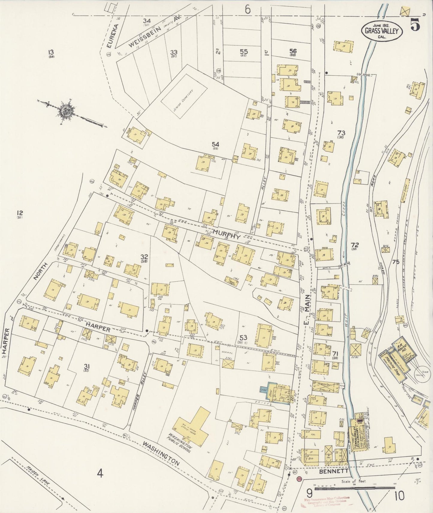 Sanborn Fire Insurance Map from Grass Valley, Nevada County, California (1912), Sheet #0005 - Historic Sanborn Fire Insurance Map Print, vintage old map wall art, antique decor, genealogy gift, California California map